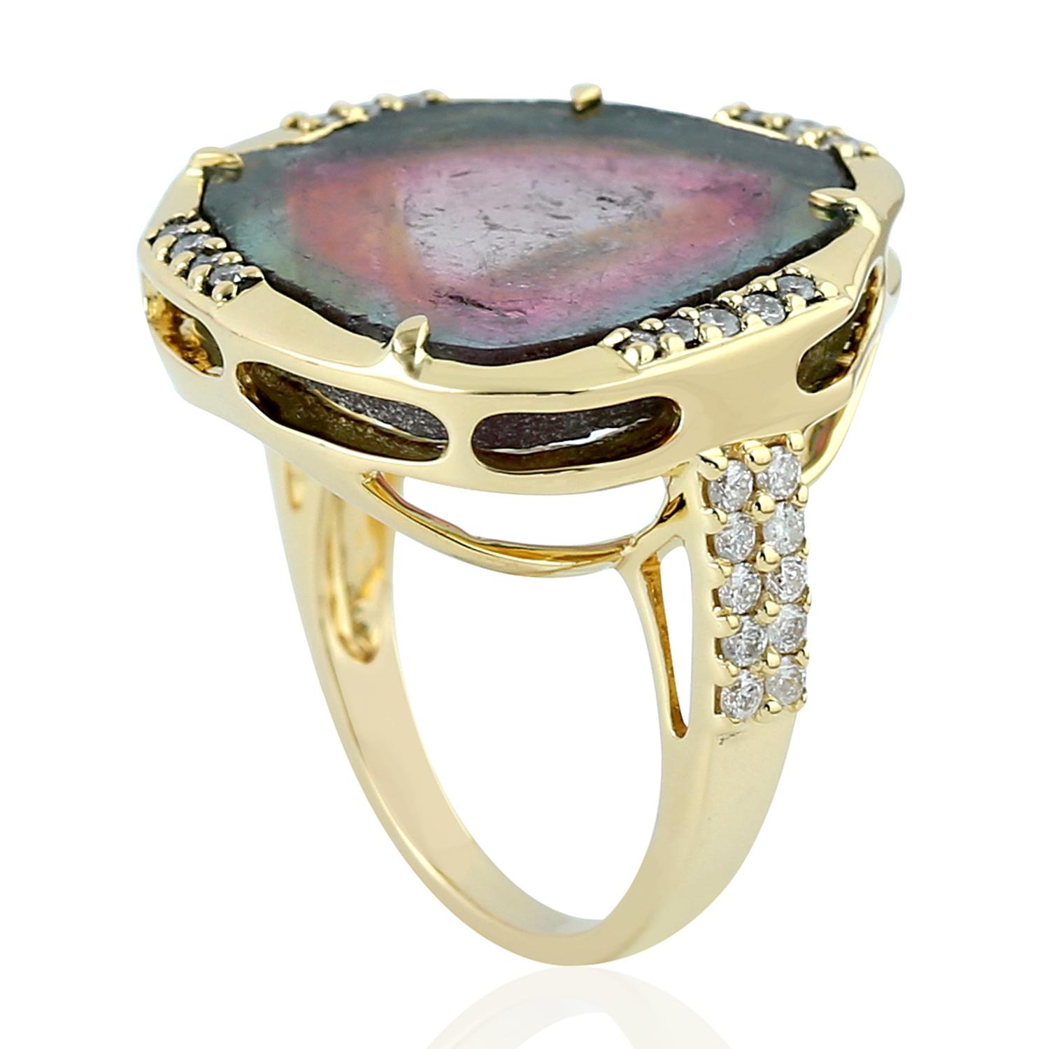 Contemporary Sliced Watermelon Tourmaline Ring with Pave Diamonds Made in 18k Yellow Gold For Sale