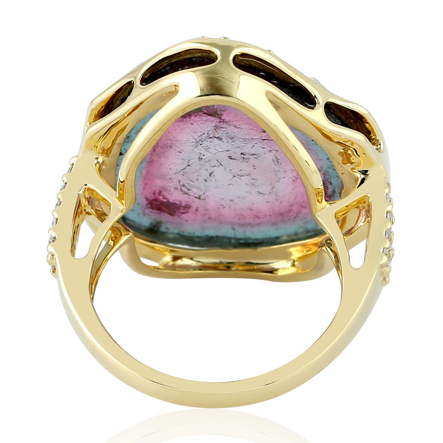 Mixed Cut Sliced Watermelon Tourmaline Ring with Pave Diamonds Made in 18k Yellow Gold For Sale