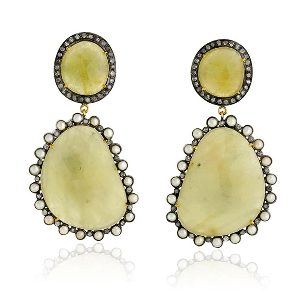 Mixed Cut Sliced Yellow Sapphire Earring with Diamonds and Pearls Around For Sale