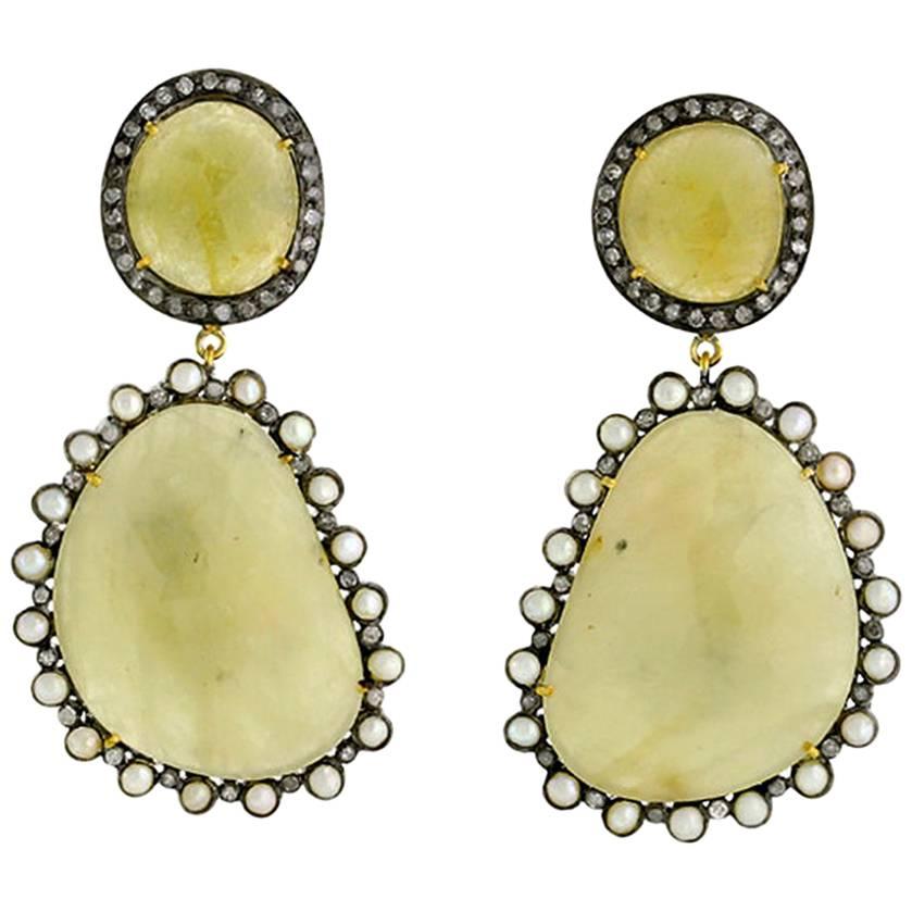 Sliced Yellow Sapphire Earring with Diamonds and Pearls Around For Sale