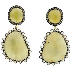Sliced Yellow Sapphire Earring with Diamonds and Pearls Around