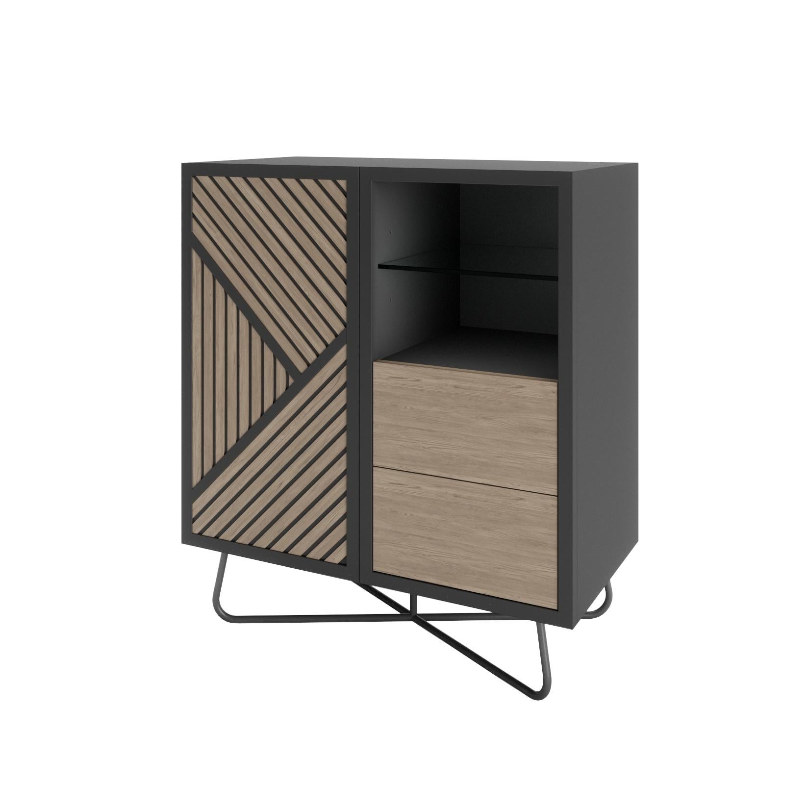 The combination of the black base of its pieces and oak veneer geometric patterns, give this collection a modern, elegant and timeless character.

Modern and widely customizable with different colors and finishes. The perfect collection to fit any