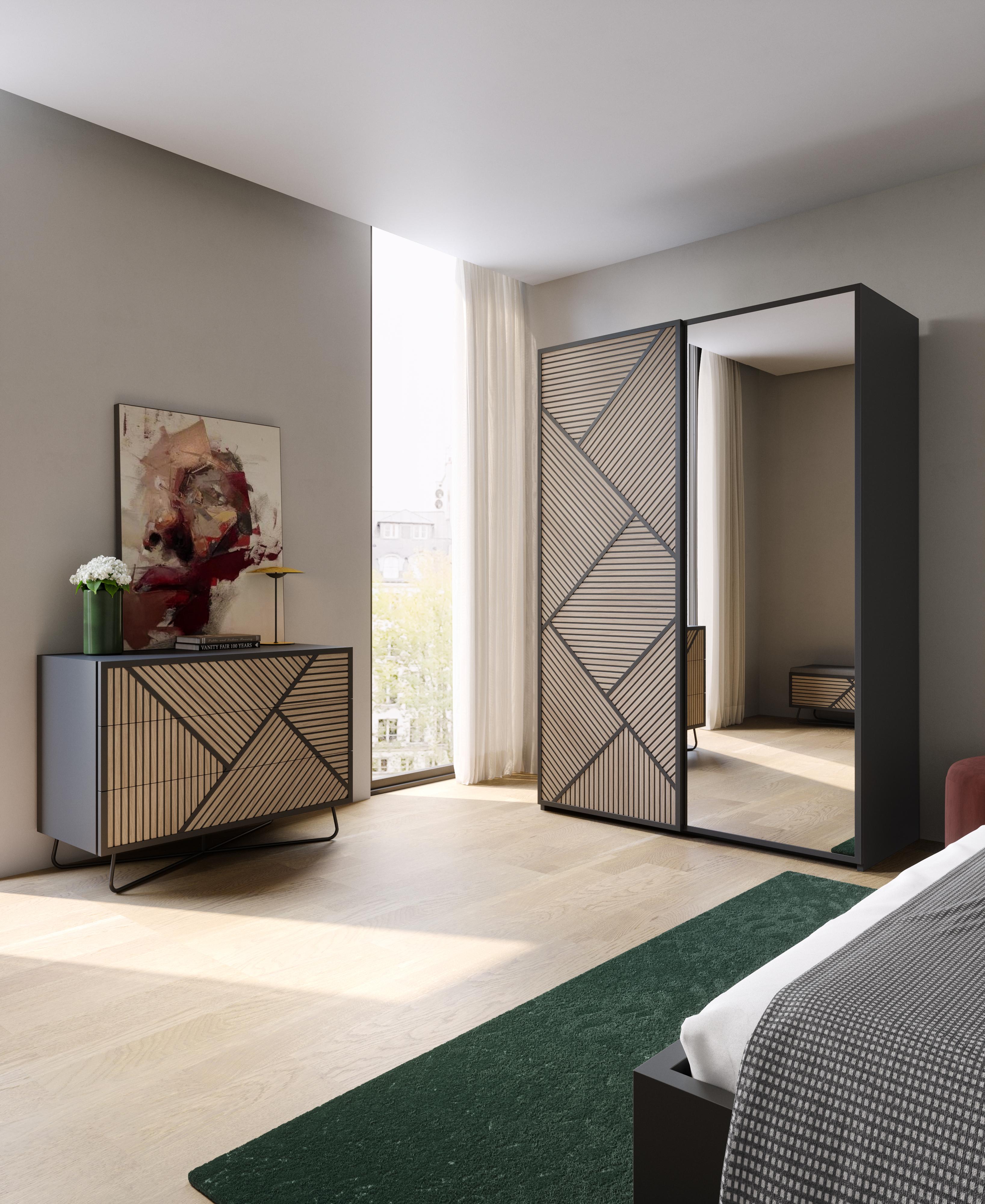 The combination of the black base of its pieces and oak veneer geometric patterns, give this collection a modern, elegant and timeless character.

Modern and widely customizable with different colors and finishes. The perfect collection to fit any