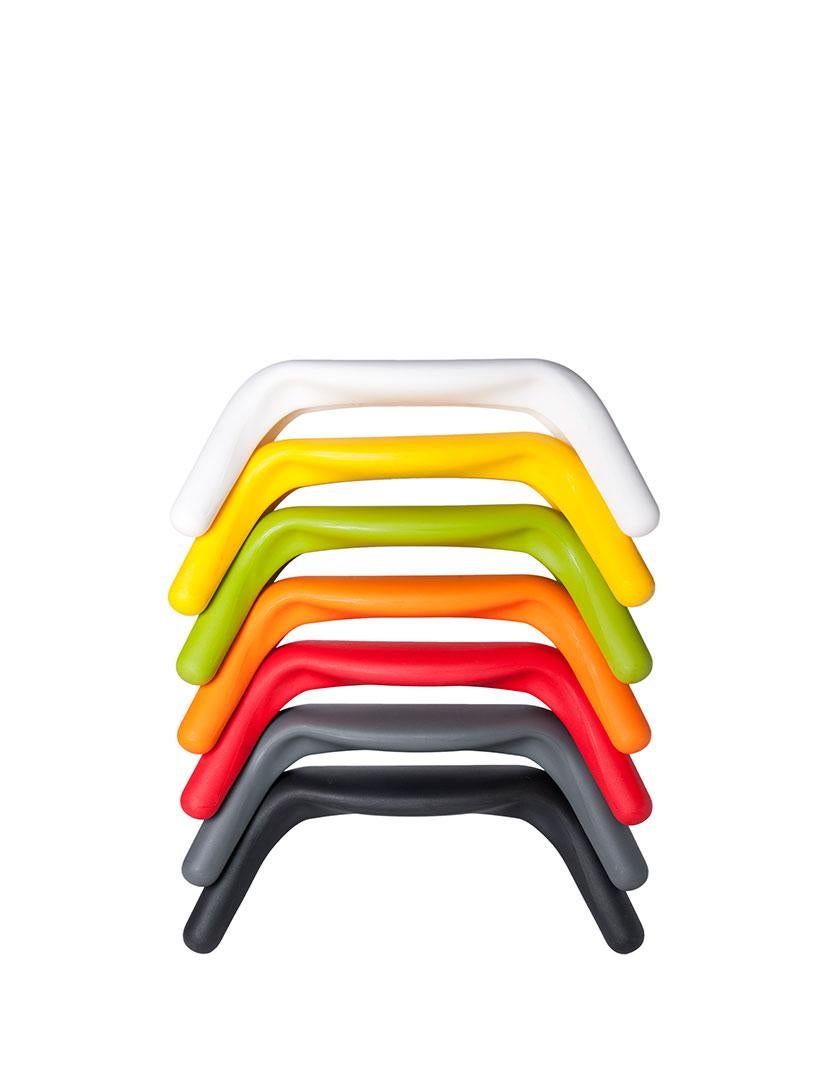 Atlas is a colourful and playful bench, designed specifically to provide new, innovative, and unexpected seating solutions with a strong personality. Atlas is maneuverable, light, funny and very useful, thanks to its particular shape and bright