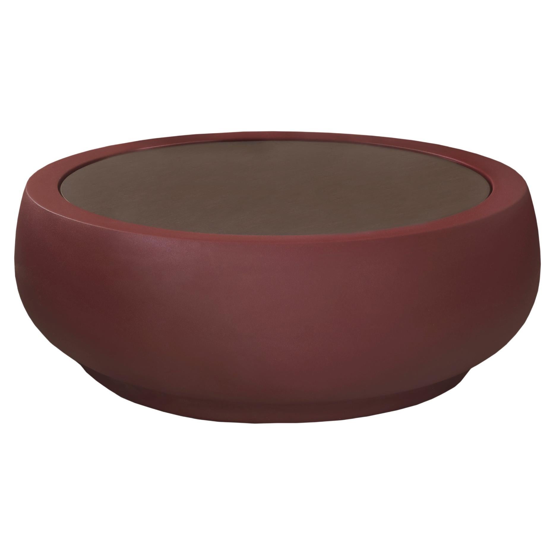Slide Design Chubby Side Table in Mahogany Leather Base with Wengé Top For Sale