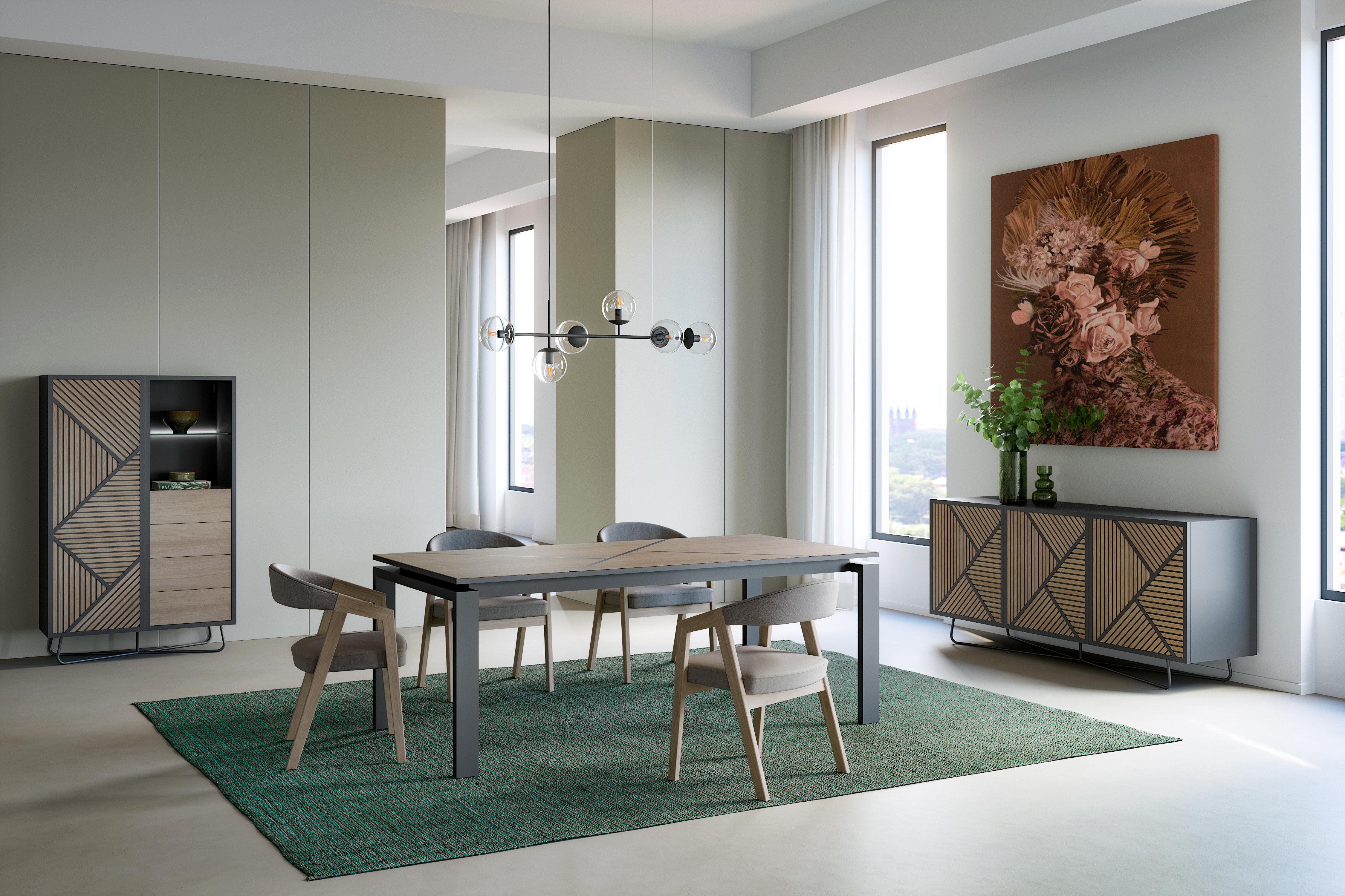 La combinazione tra la base nera dei suoi pezzi e i motivi geometrici dell'impiallacciatura di Oak conferisce a questa collezione un carattere moderno, elegante e senza tempo.

Moderno e ampiamente personalizzabile con diversi colori e finiture.