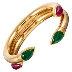 Sliding Bangle with Ruby and Emerald Pear Cabochons, Signed Hemmerle