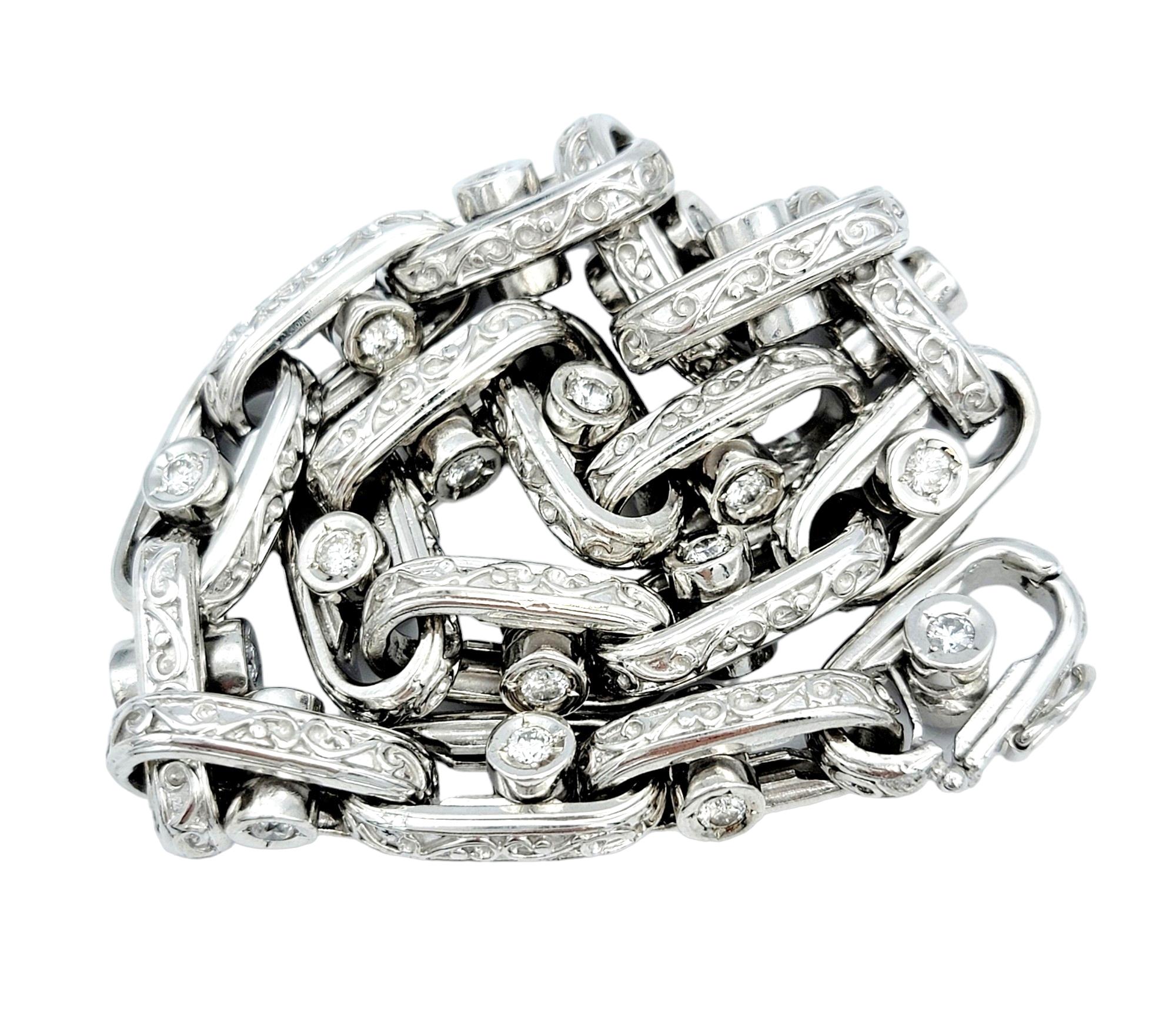 Sliding Diamond Oval Link Bracelet with Scroll Design Set in 14 Karat White Gold In Good Condition For Sale In Scottsdale, AZ
