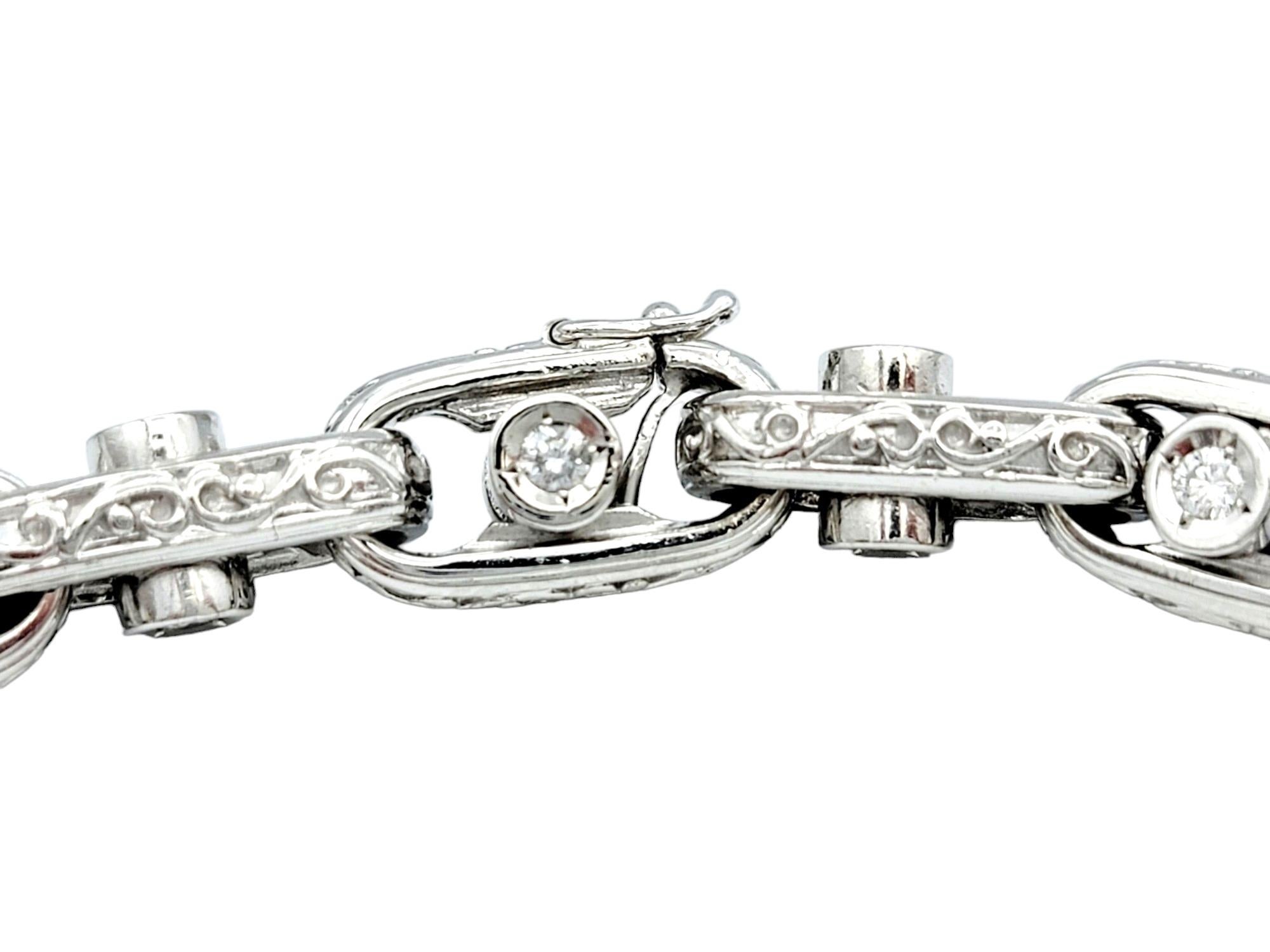 Women's or Men's Sliding Diamond Oval Link Bracelet with Scroll Design Set in 14 Karat White Gold For Sale