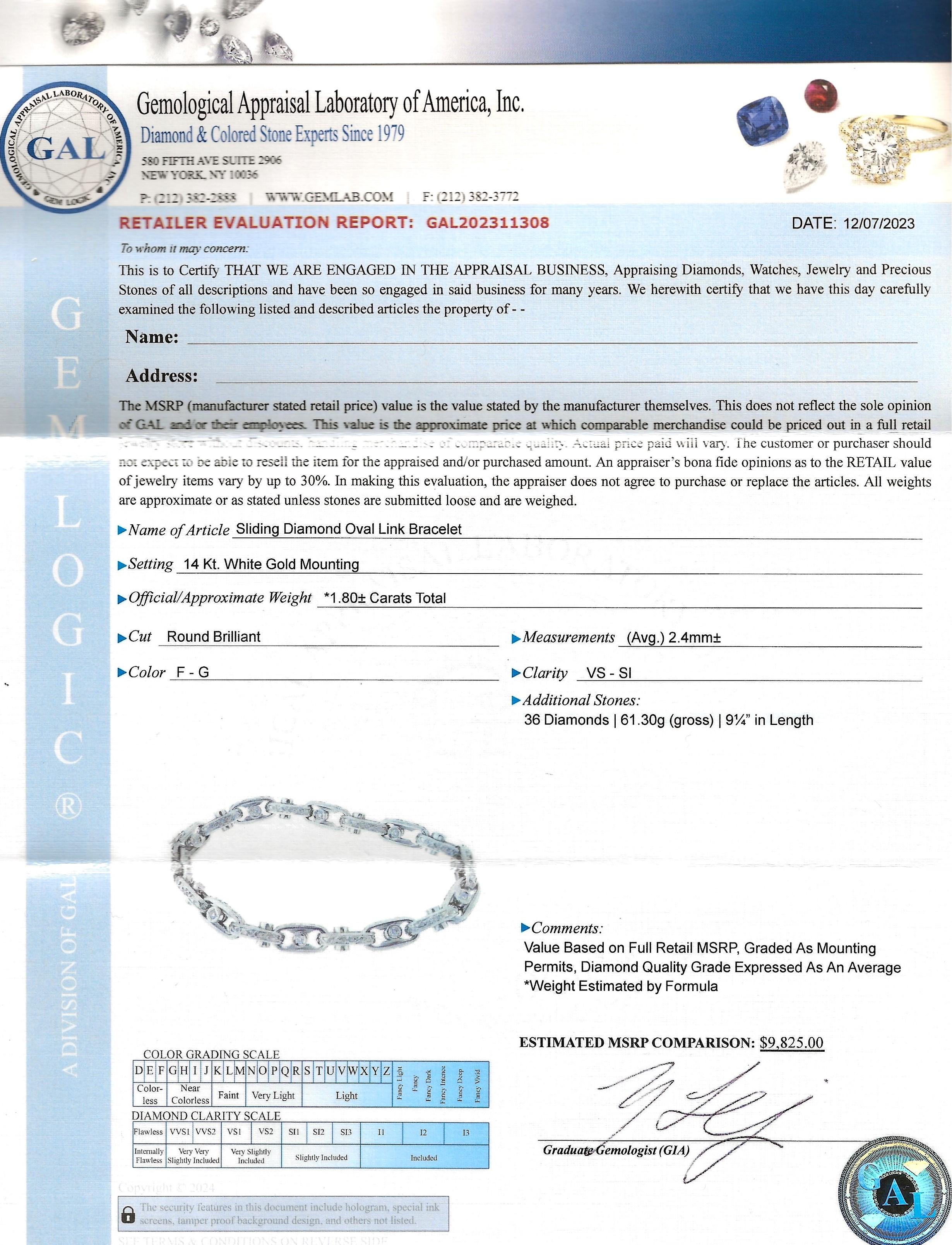 Sliding Diamond Oval Link Bracelet with Scroll Design Set in 14 Karat White Gold For Sale 3