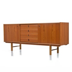 Sliding Door Danish Modern Teak Credenza Media Cabinet with Carved Pulls