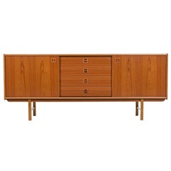 Sliding Door Danish Modern Teak Credenza Media Cabinet with Carved Pulls