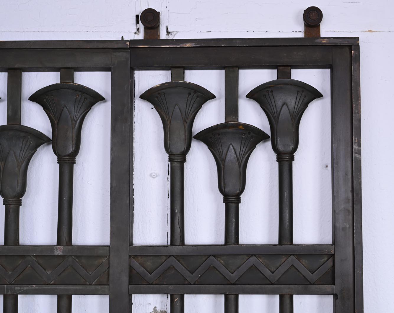 Patinated Sliding Gate with Egyptian-Inspired Design For Sale