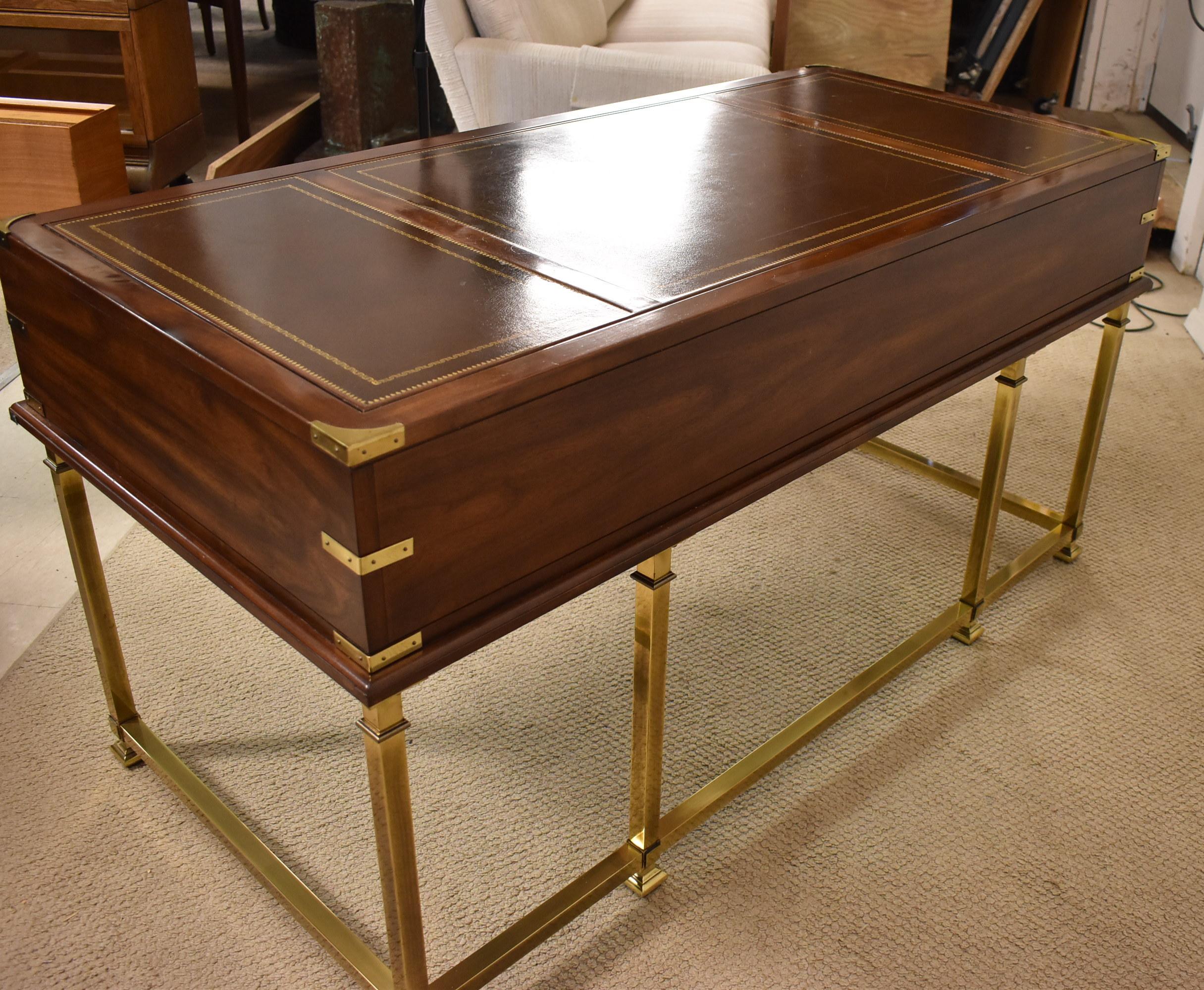 20th Century Sligh Brass & Cherry Leather Top Campaign Style Desk