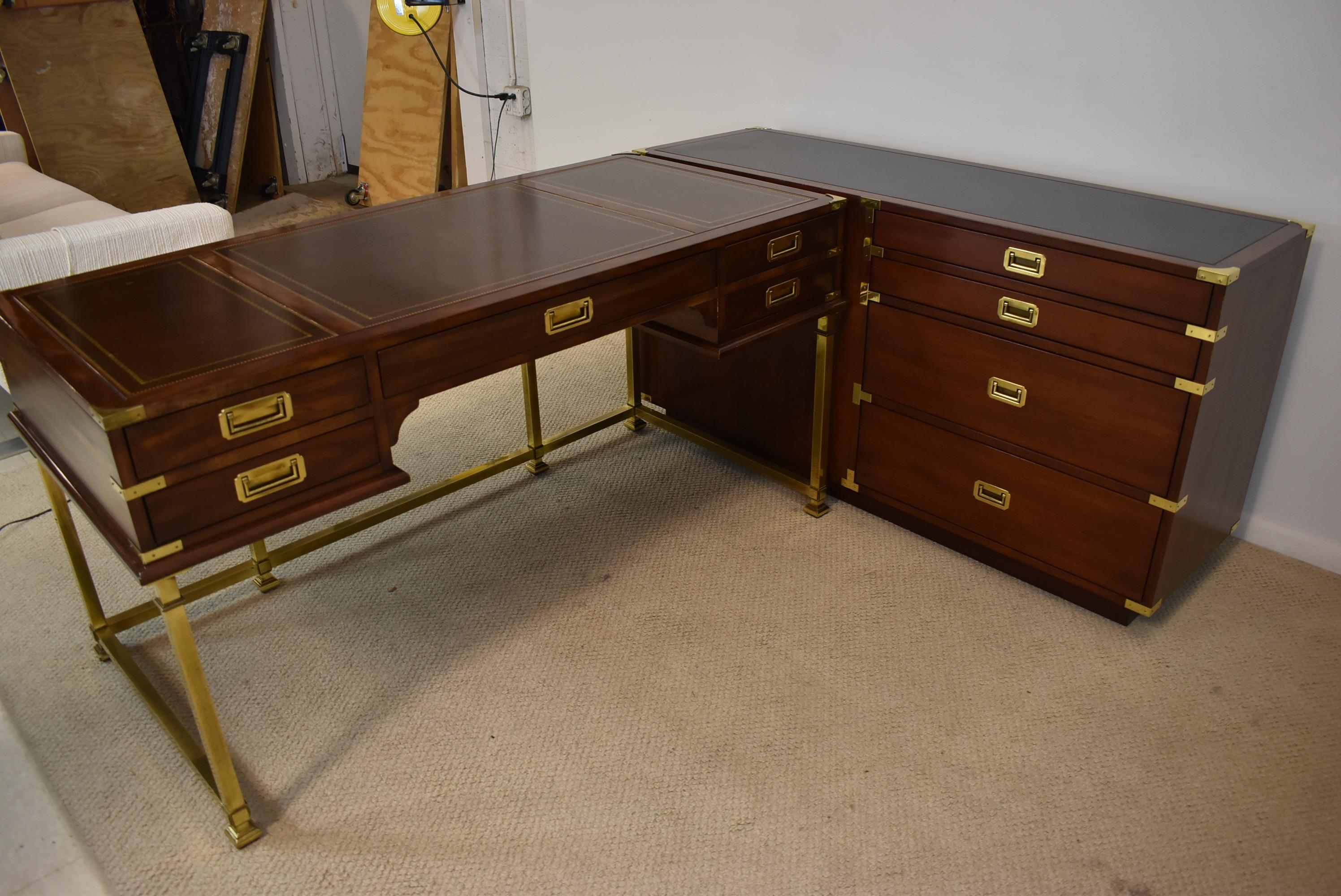 Sligh Brass & Cherry Leather Top Campaign Style Desk 1