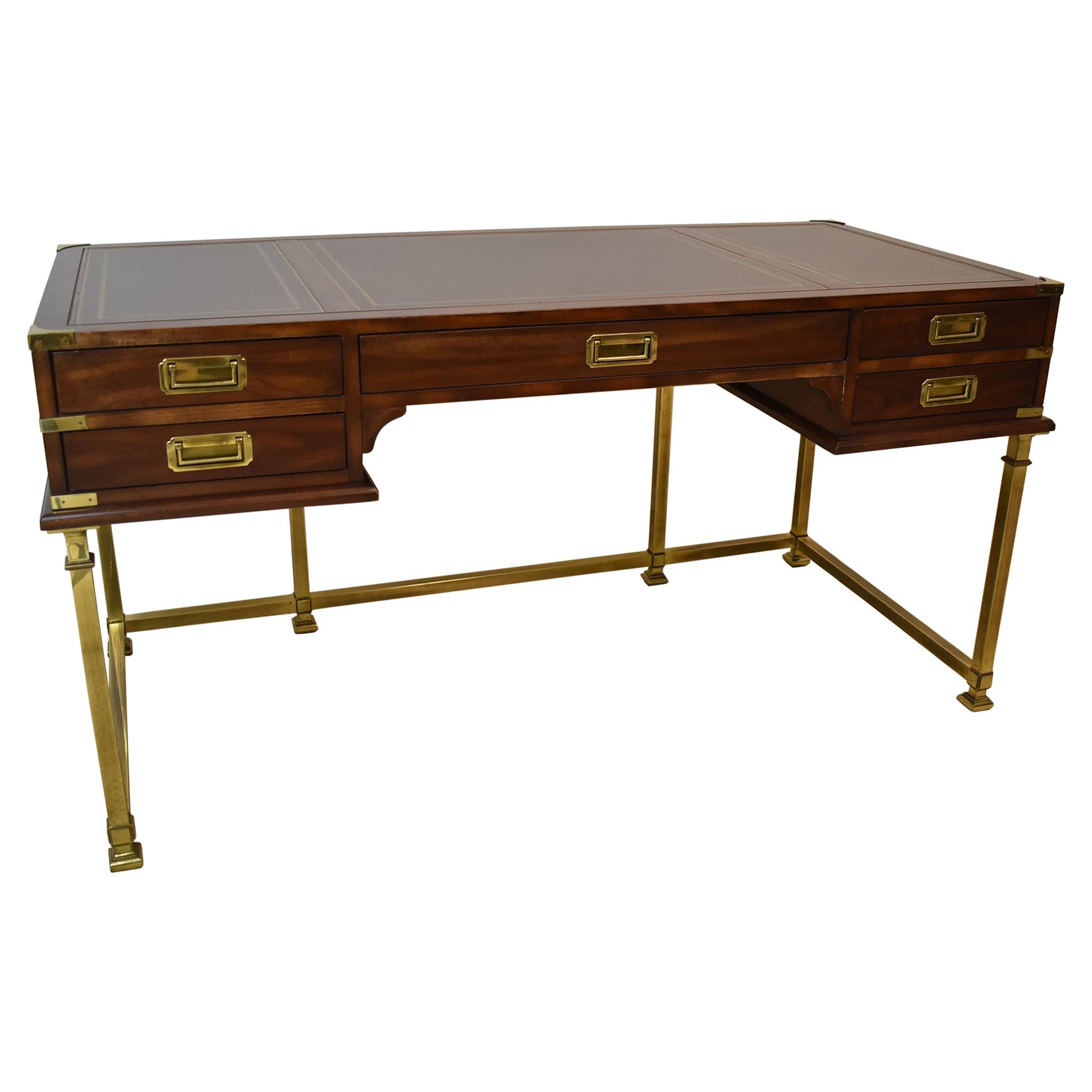 Sligh Brass & Cherry Leather Top Campaign Style Desk