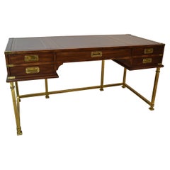 Vintage Sligh Brass & Cherry Leather Top Campaign Style Desk