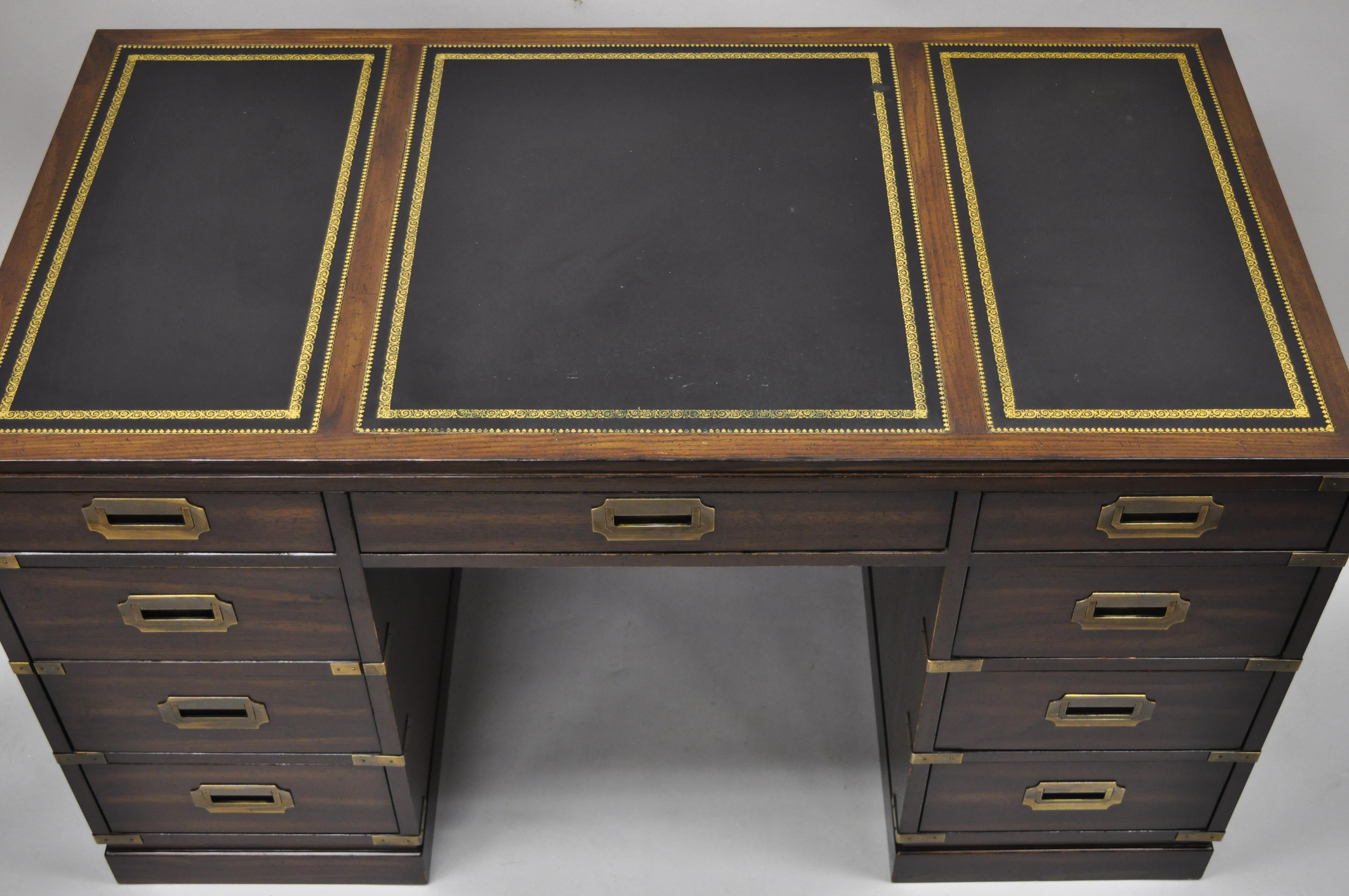 Sligh English Campaign Style Black Tooled Leather Kneehole Writing Desk In Good Condition In Philadelphia, PA