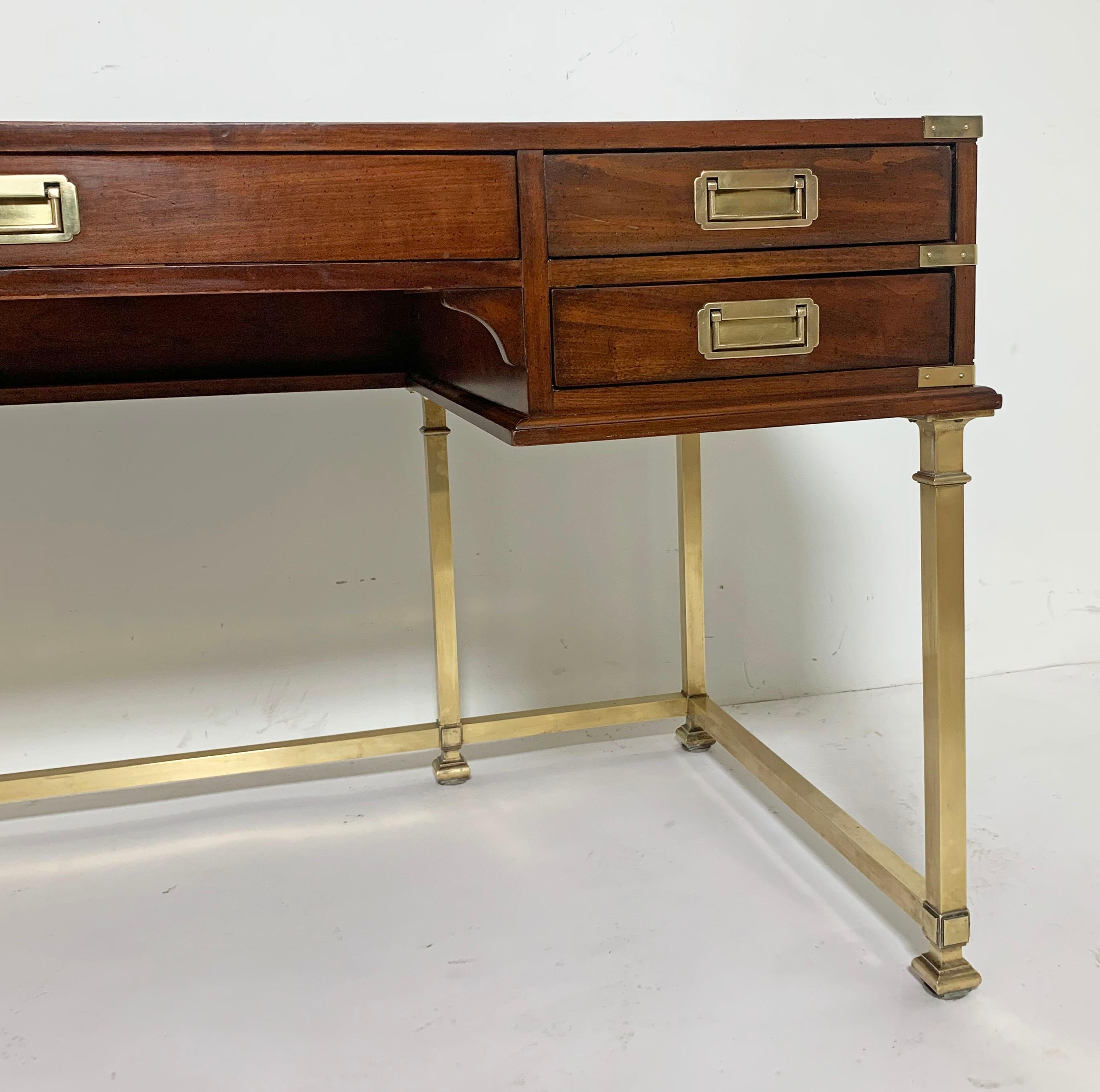 American Sligh Furniture Campaign Desk in Brass and Mahogany with Leather Top