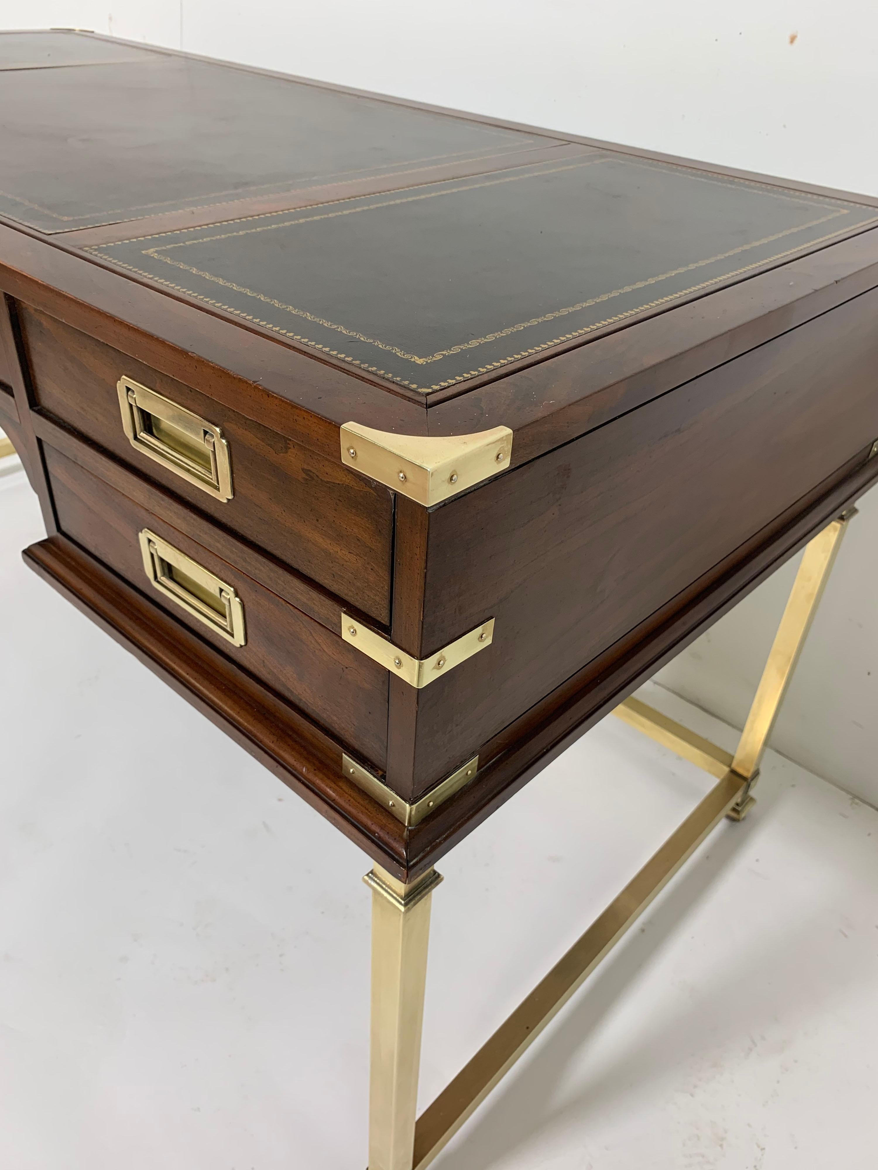 Sligh Furniture Campaign Desk in Brass and Mahogany with Leather Top In Good Condition In Peabody, MA