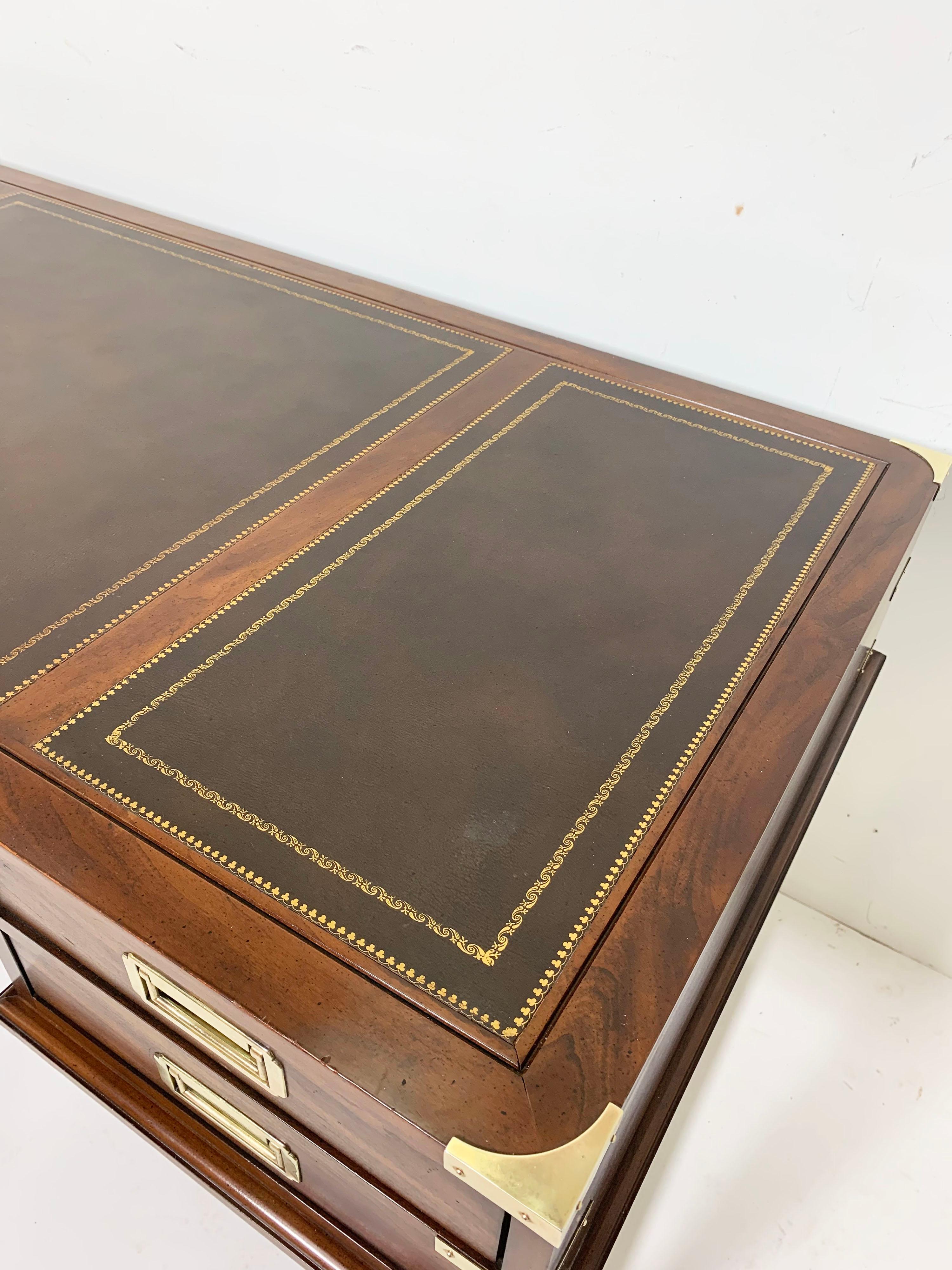 Mid-20th Century Sligh Furniture Campaign Desk in Brass and Mahogany with Leather Top