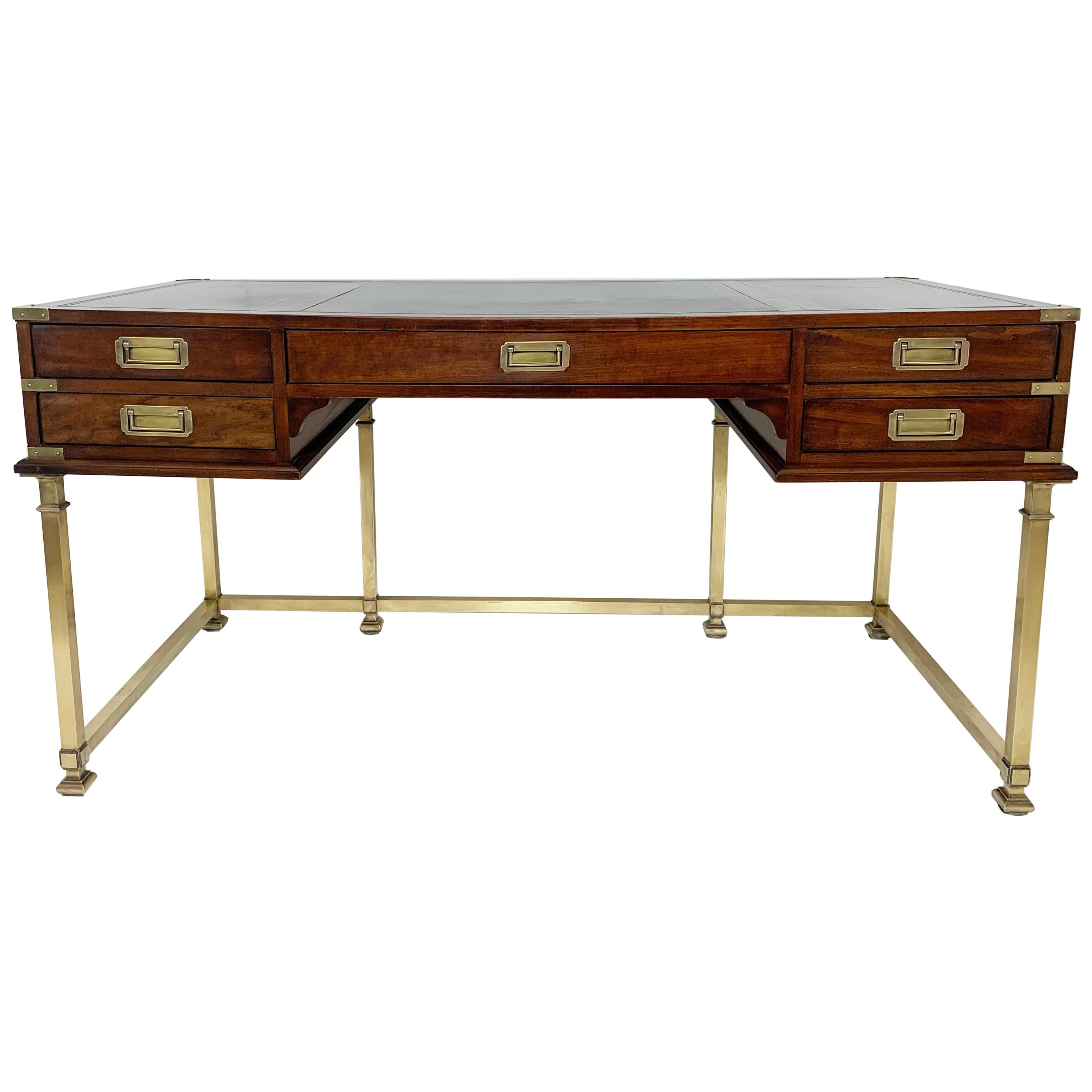 Sligh Furniture Campaign Desk in Brass and Mahogany with Leather Top