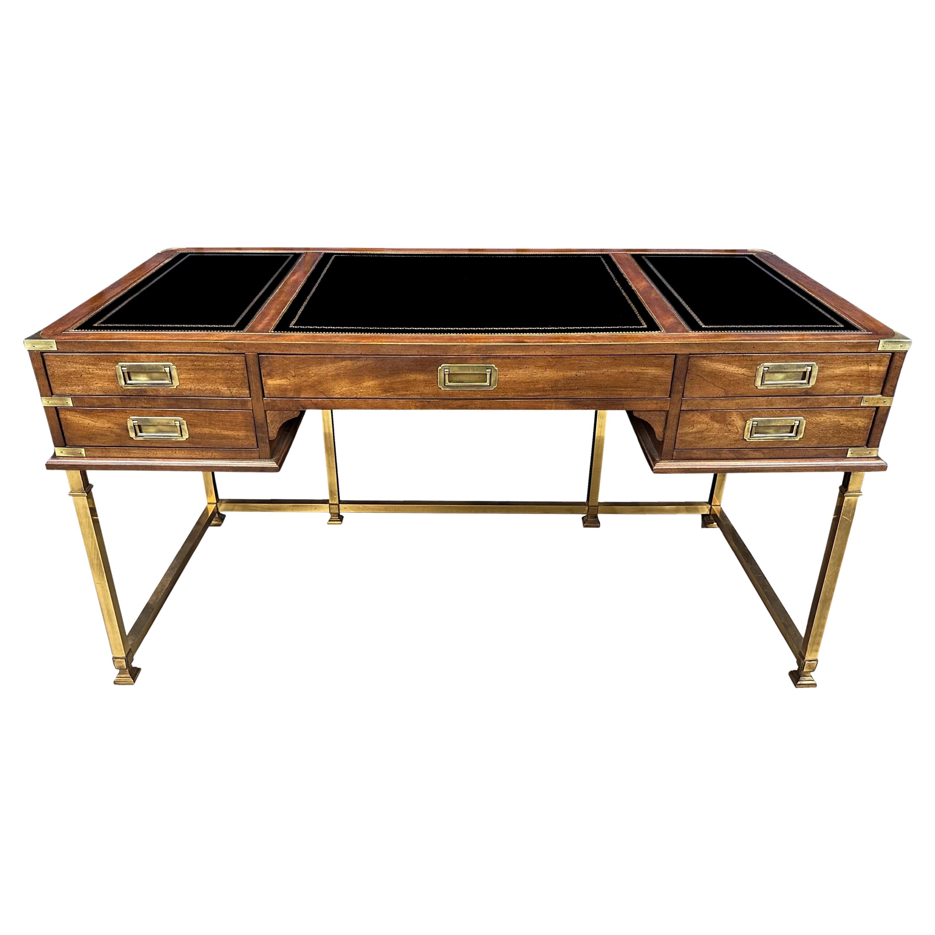 Sligh Furniture Campaign Desk in Leather, Mahogany and Brass