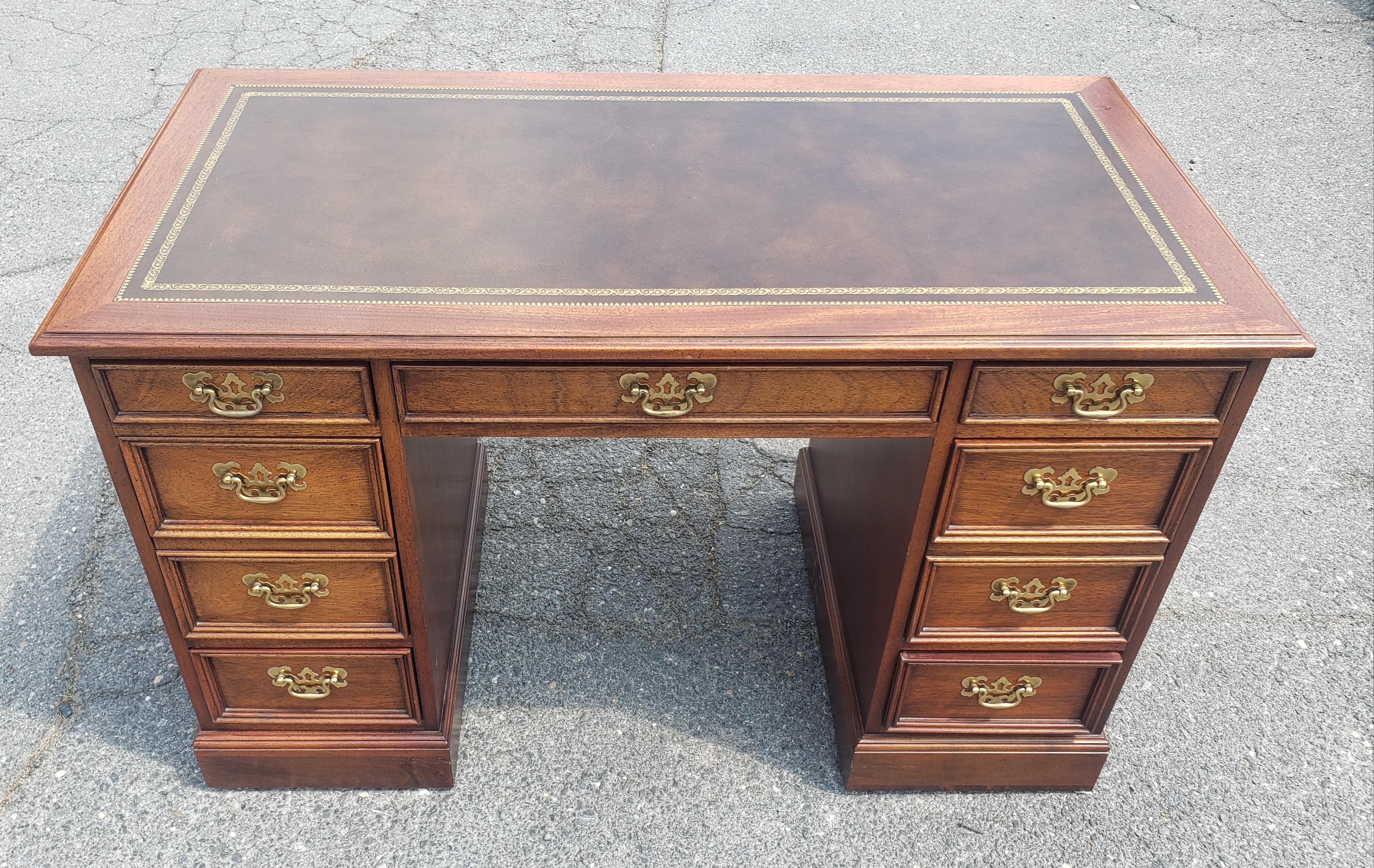 American Sligh Furniture Chippendale Mahogany and Tooled Leather Partners Desk with Glass
