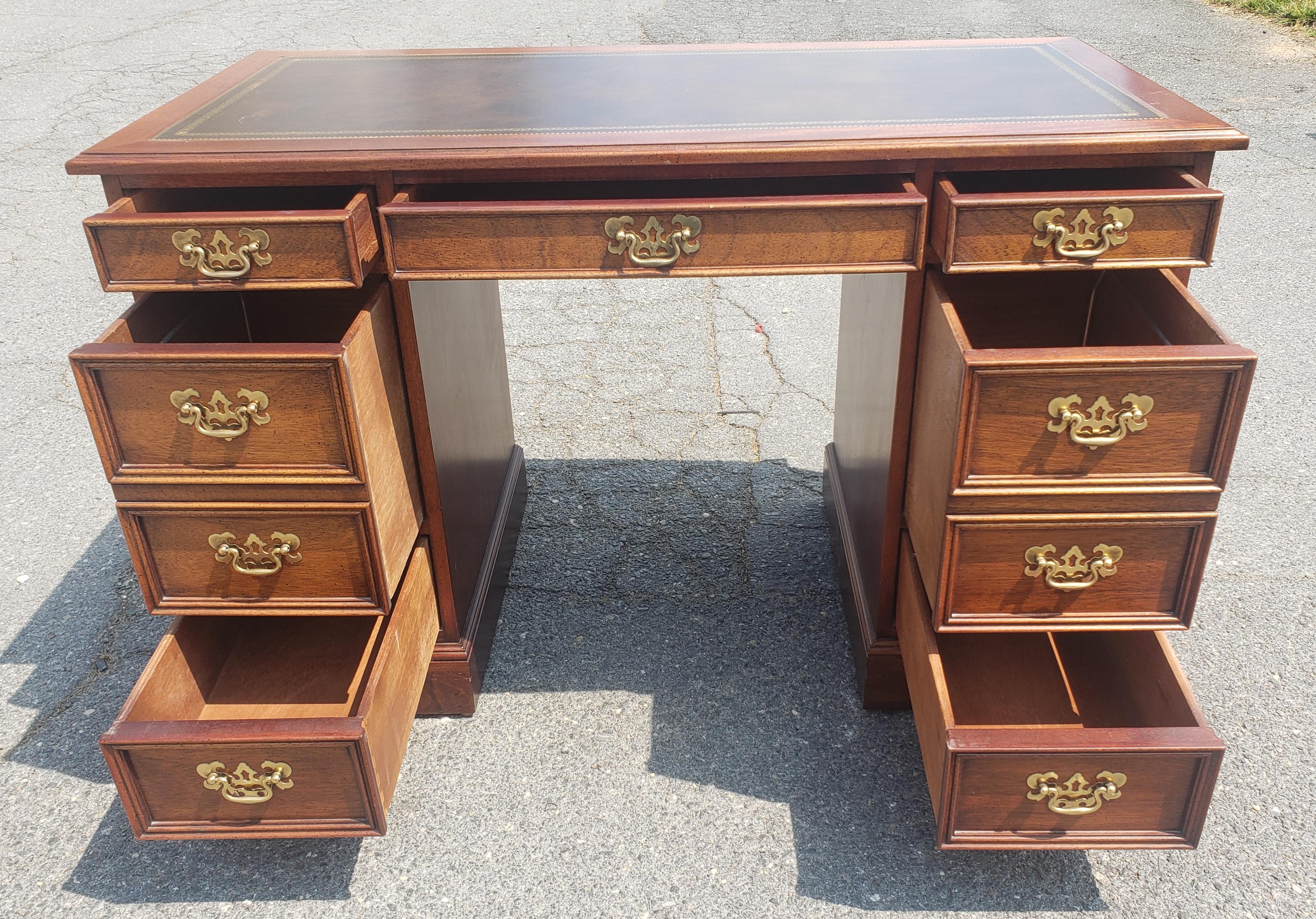 Sligh Furniture Chippendale Mahogany and Tooled Leather Partners Desk with Glass In Good Condition In Germantown, MD
