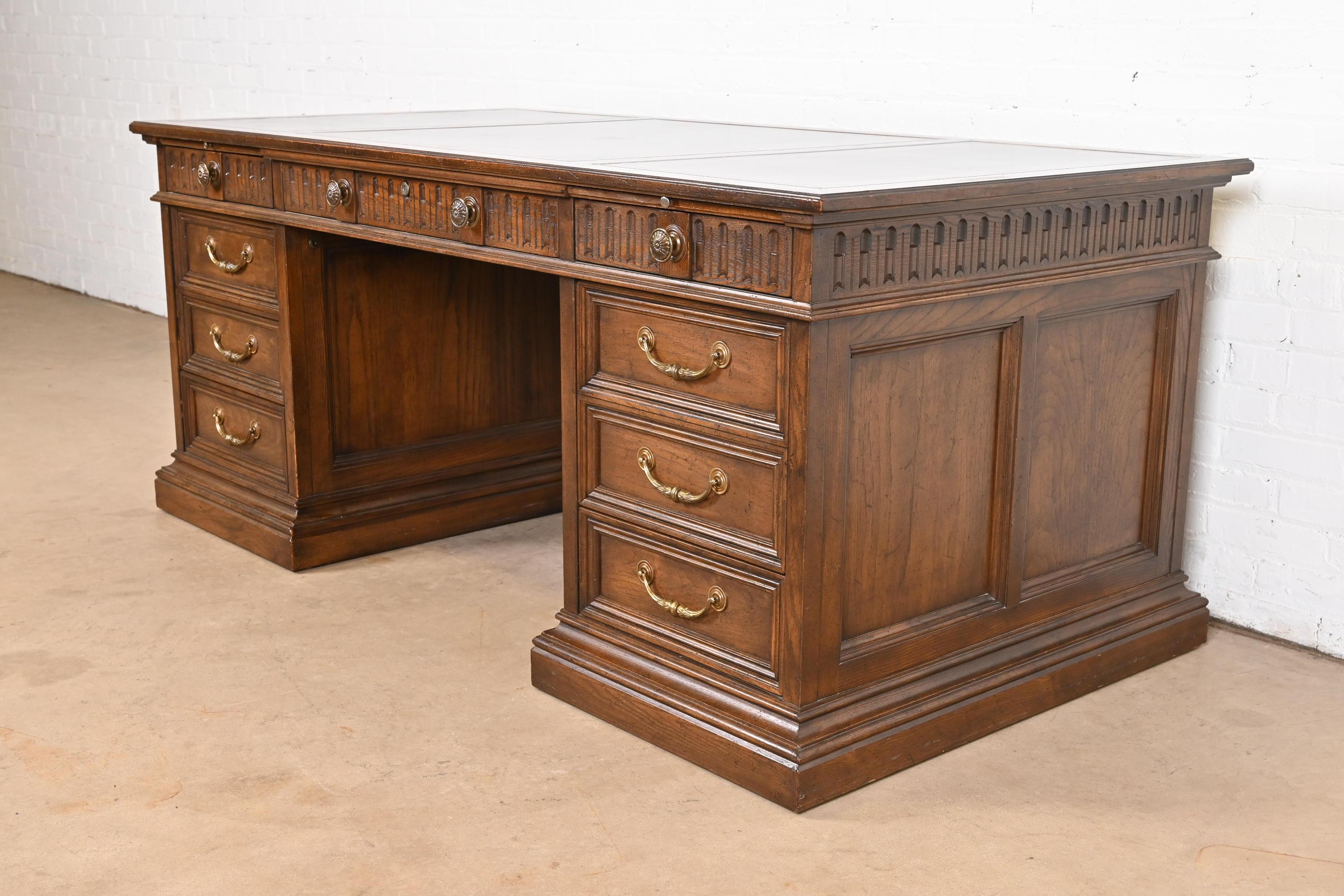 Sligh Furniture Regency Carved Oak Leather Top Executive Desk, Circa 1960s 5