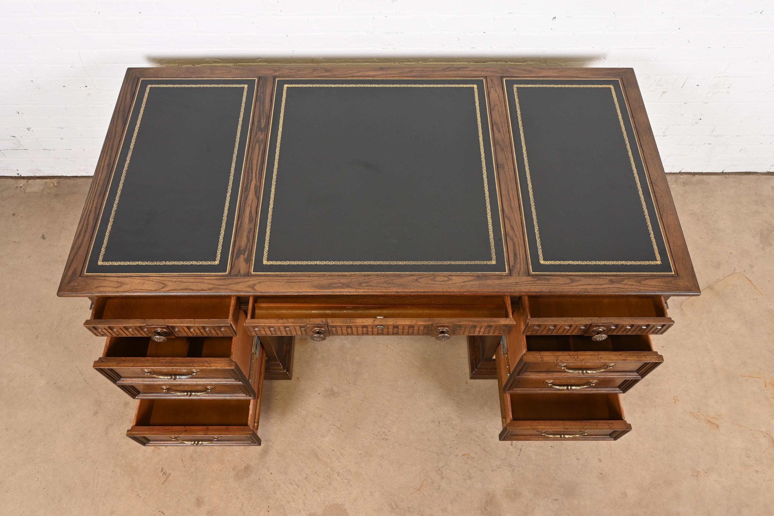 Mid-20th Century Sligh Furniture Regency Carved Oak Leather Top Executive Desk, Circa 1960s