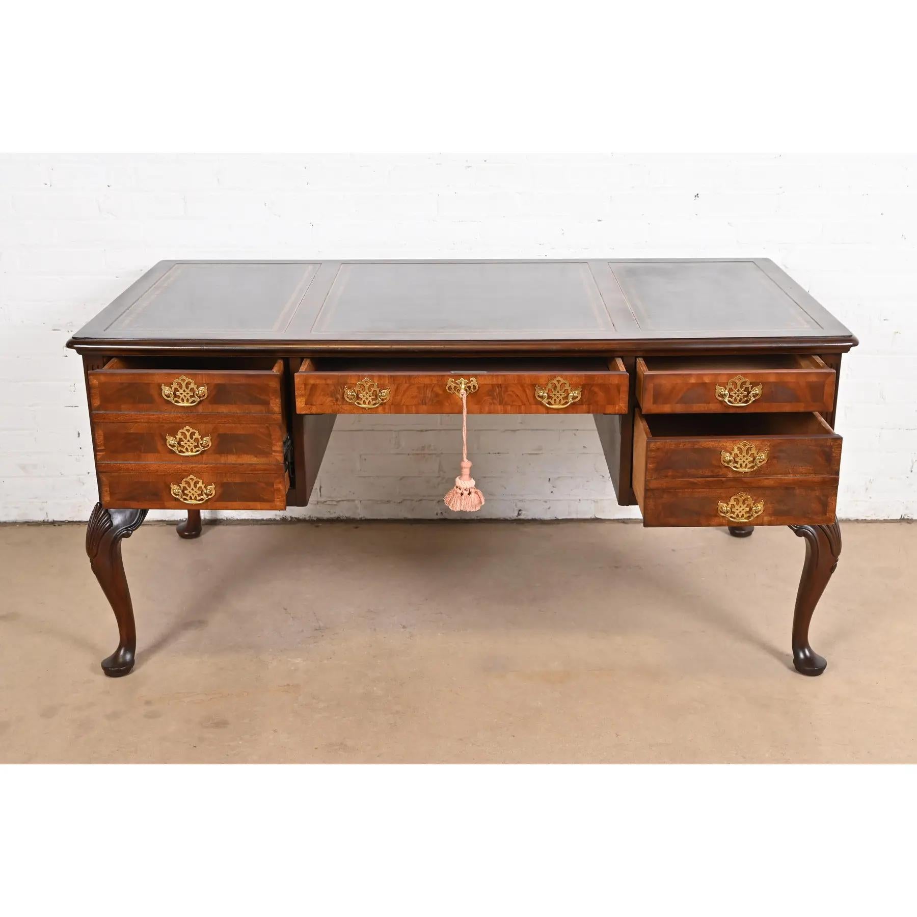Brass Sligh Georgian Flame Mahogany Leather Top Executive Writing Desk