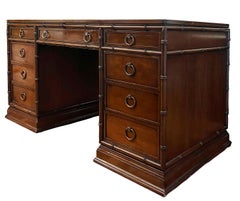 Sligh-Lowry Faux Bamboo Campaign Desk, Gilt Trim Leather Top