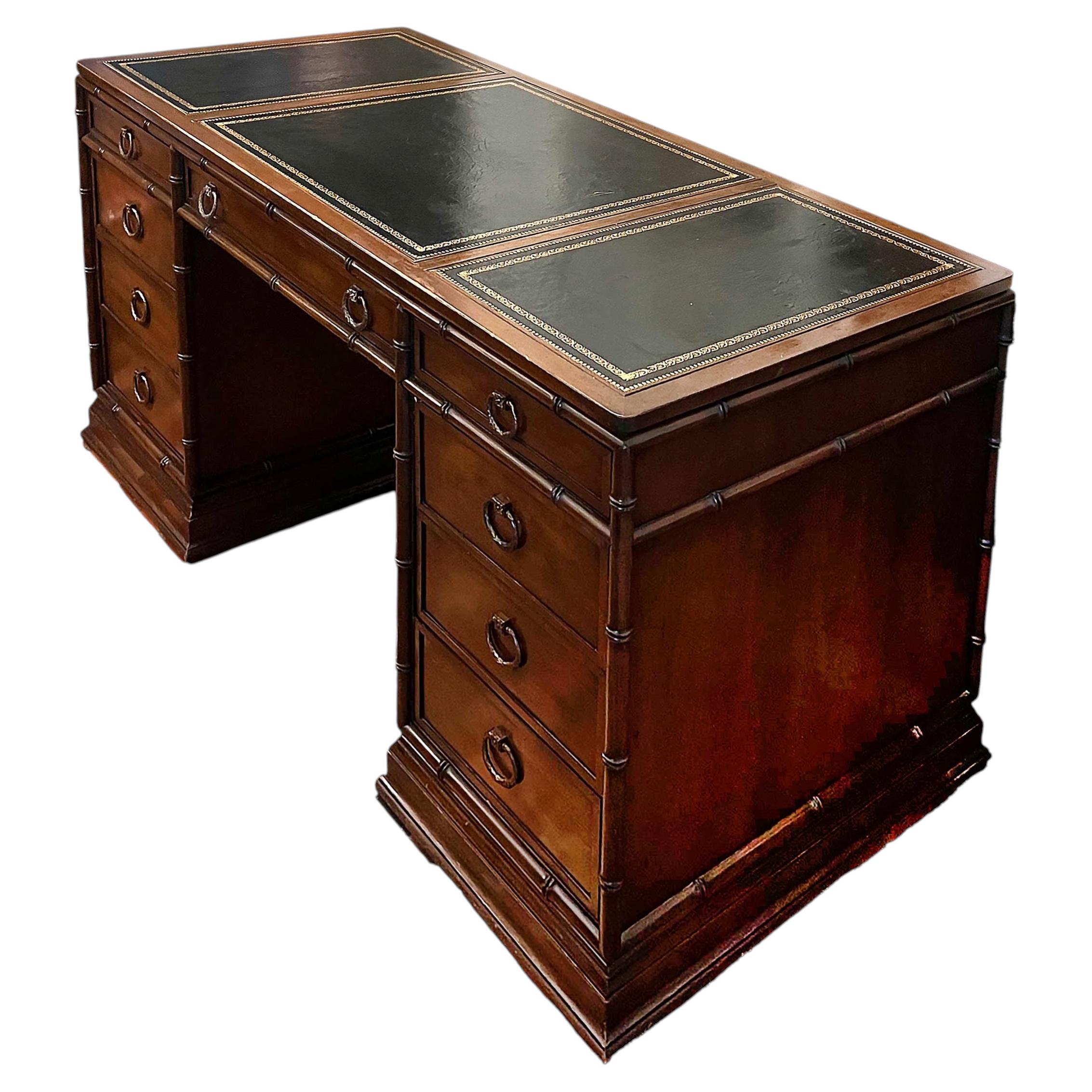 Sligh-Lowry Faux Bamboo Campaign Desk, Gilt Trim Leather Top For Sale