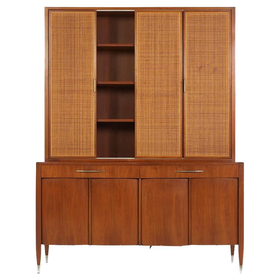 Sligh Mid Century Walnut and Cane Credenza Hutch For Sale at 1stDibs