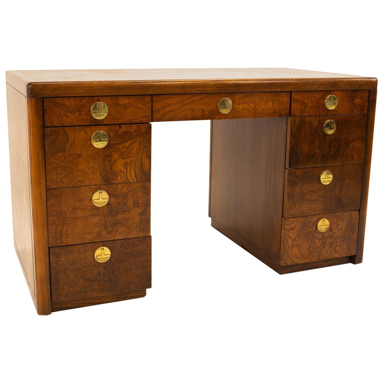 Sligh Midcentury 9-Drawer Burl Wood Desk