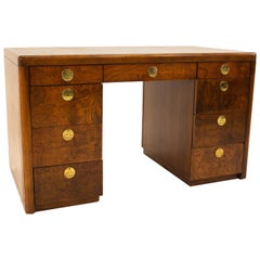 Vintage Sligh Midcentury 9-Drawer Burl Wood Desk