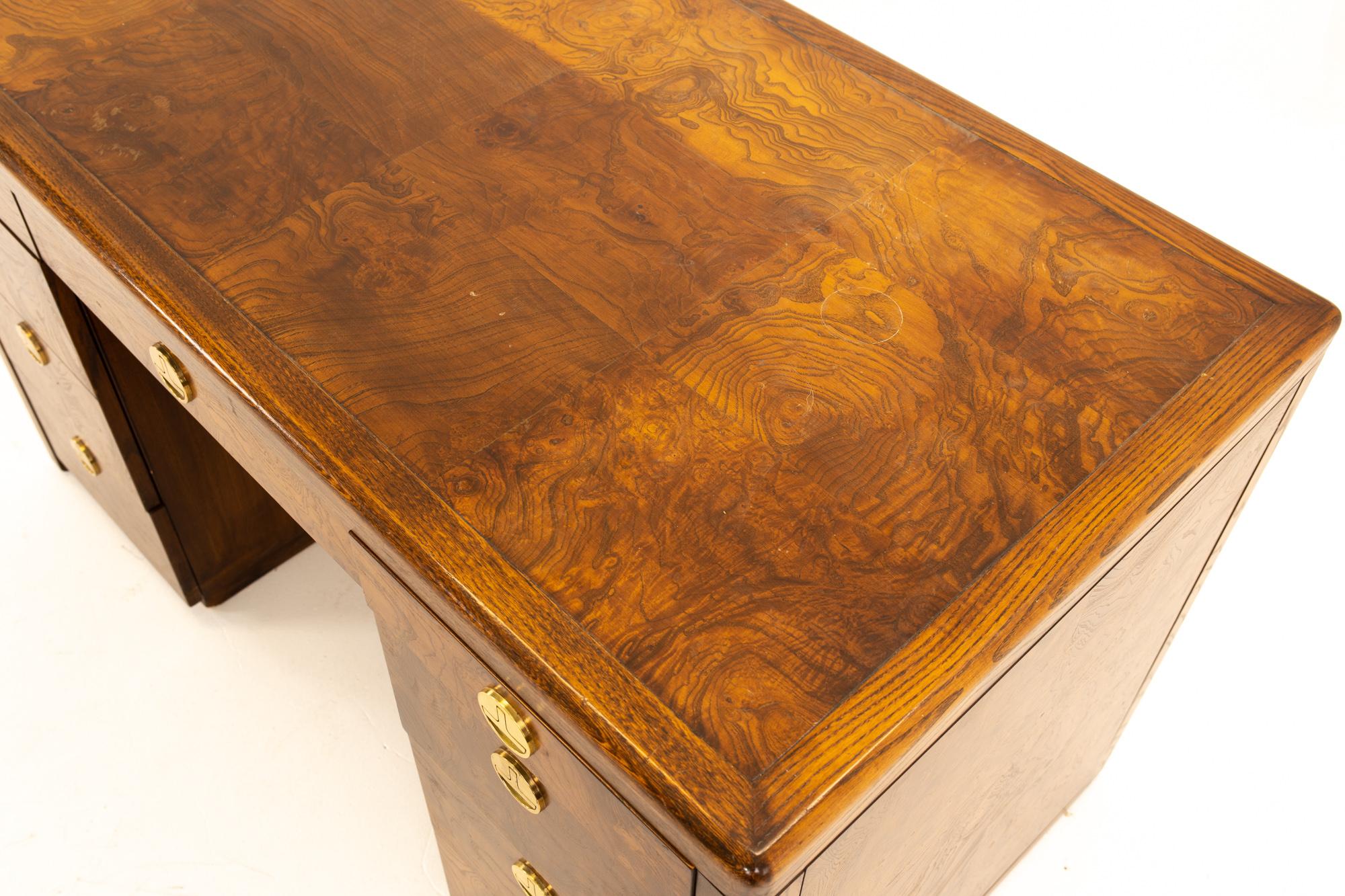 American Sligh Midcentury 9-Drawer Burl Wood Desk