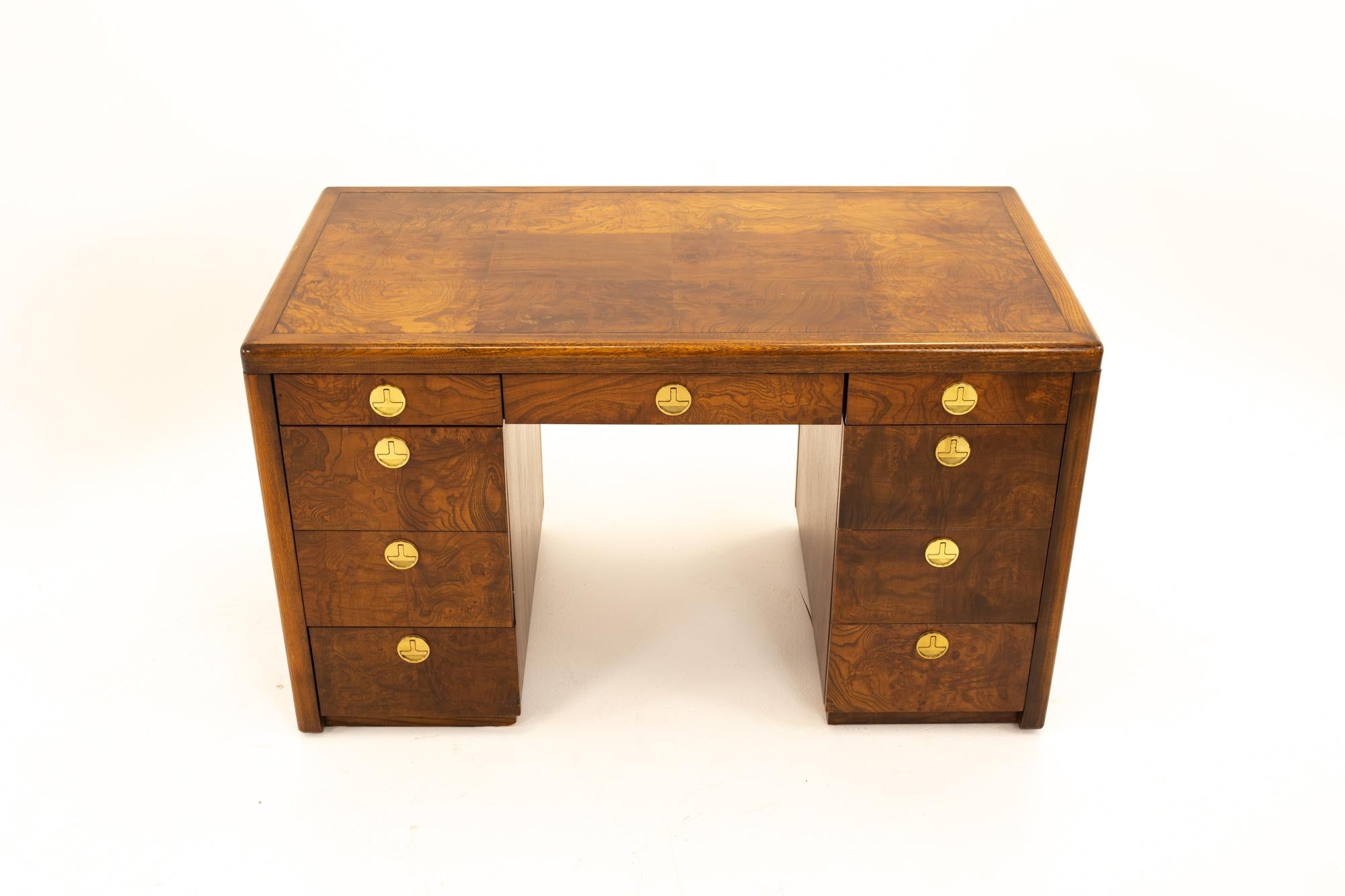 Late 20th Century Sligh Midcentury 9-Drawer Burl Wood Desk