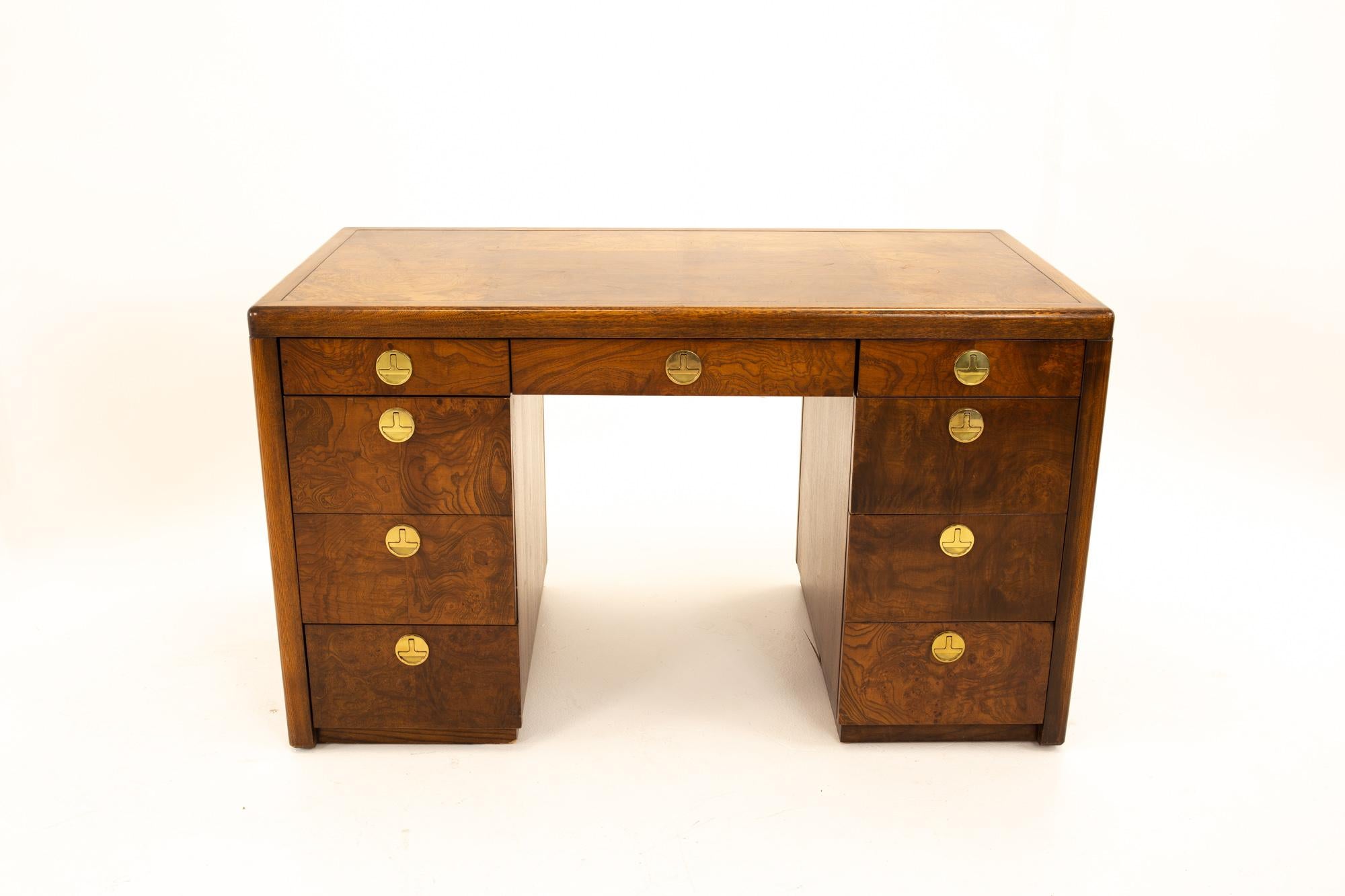 Sligh Midcentury 9-Drawer Burl Wood Desk 1