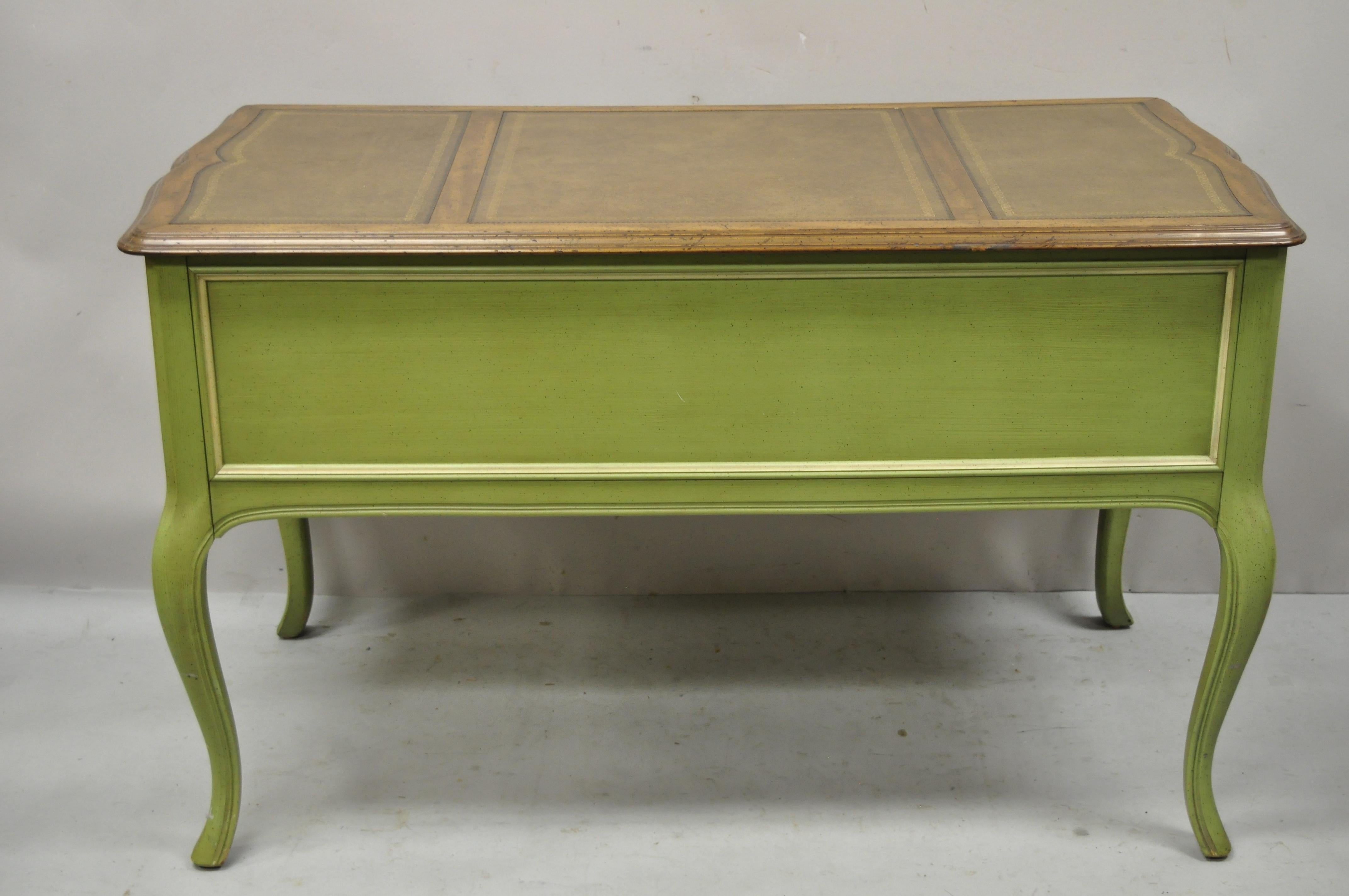 Wood Sligh Vintage French Country Provincial Green Painted Brown Leather Writing Desk