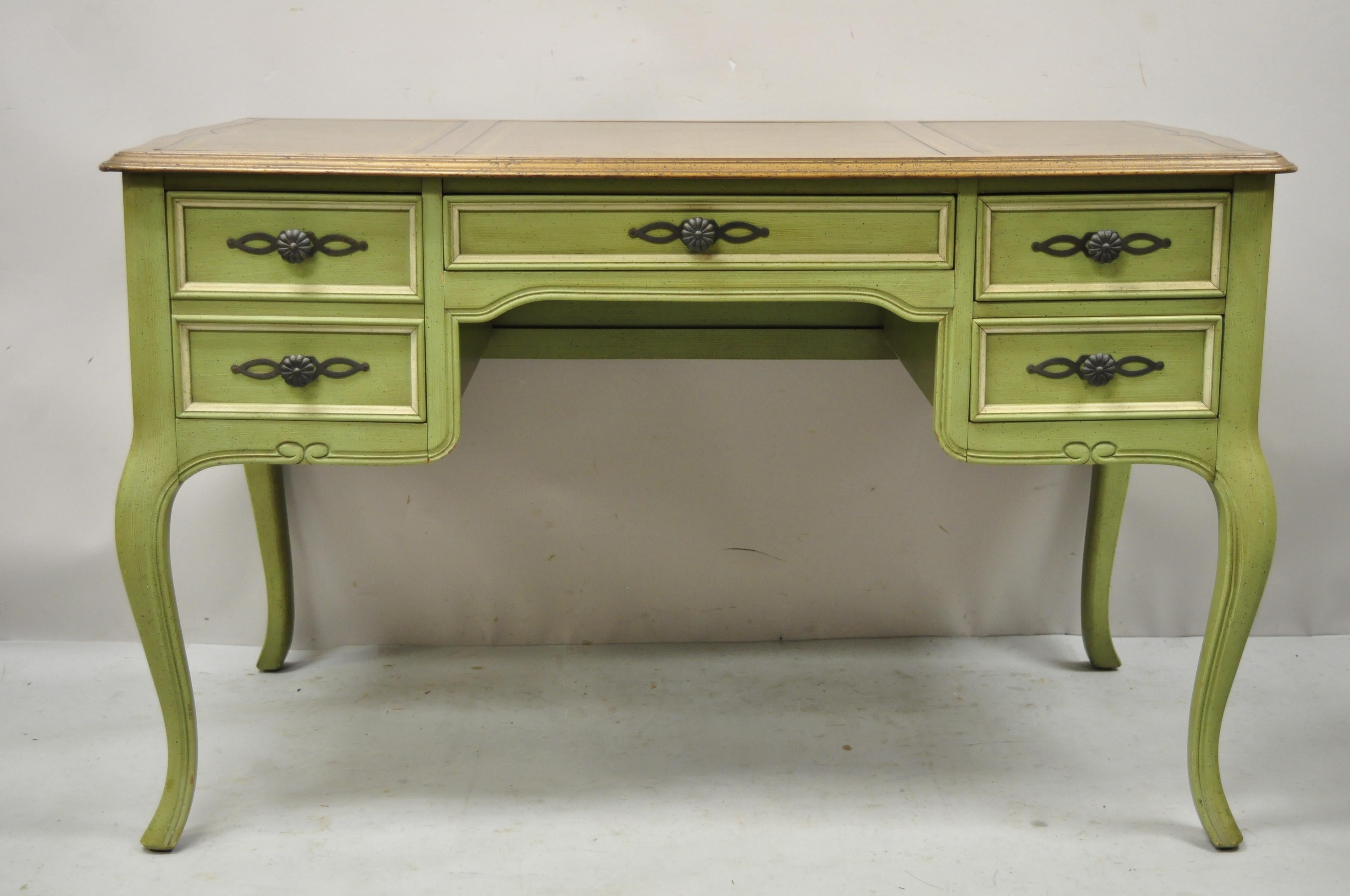 Sligh Vintage French Country Provincial Green Painted Brown Leather Writing Desk 1