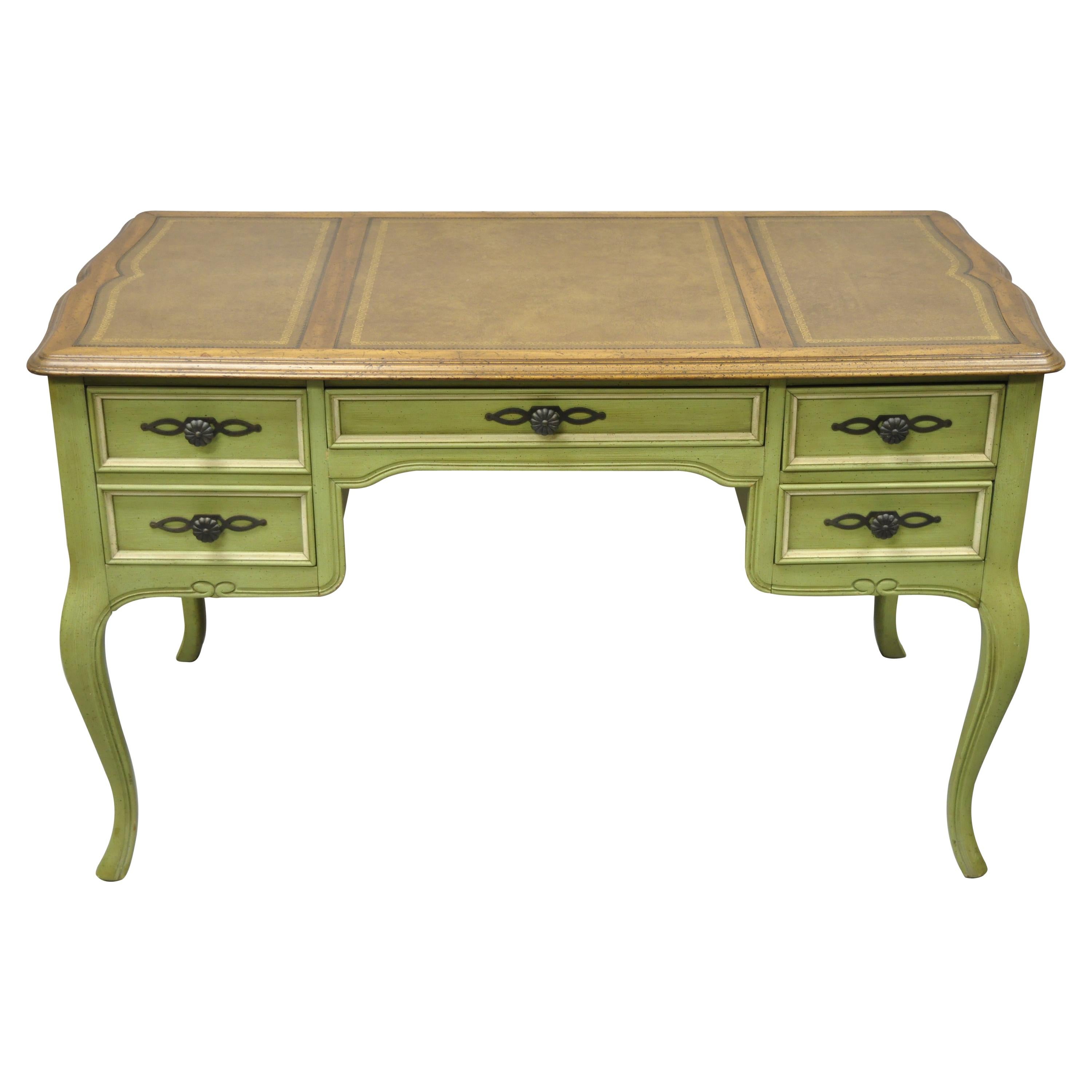 Sligh Vintage French Country Provincial Green Painted Brown Leather Writing Desk