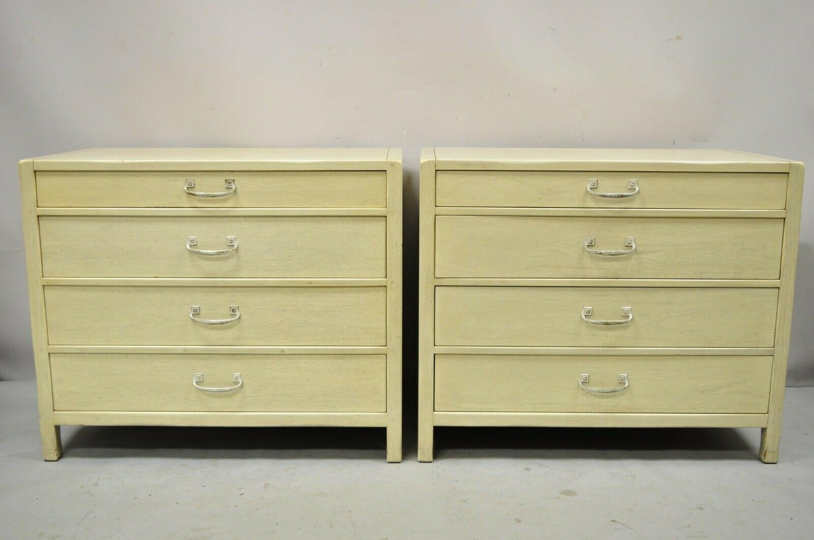 Sligh Vintage Mid Century Modern 4 Drawer Painted Cerused Bachelor Chest Dresser - Pair. Item features cerused distressed finish, 4 dovetailed drawers, solid brass hardware, very nice vintage item, clean modernist lines, quality American