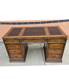 Sligh Walnut Faux Bamboo and Stenciled Leather Top Insert Executive Desk
