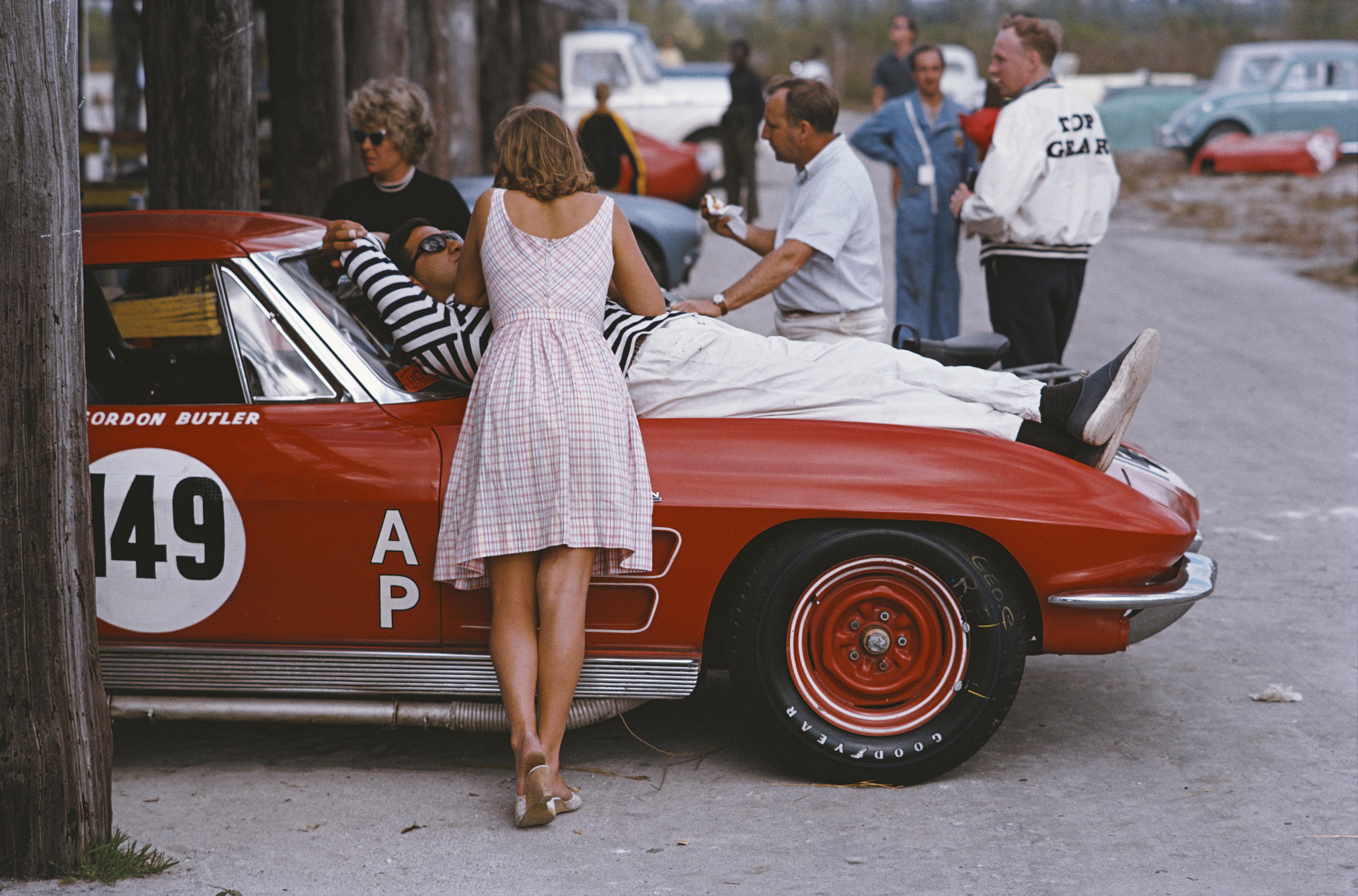 'Bahamas Speed Week' 1963 Slim Aarons Limited Estate Edition Print 

Gordon Butler's Chevrolet Corvette Sting Ray at the Bahamas Speed Week at the Oakes Course, Nassau, December 1963. 

Produced from the original transparency
Certificate of