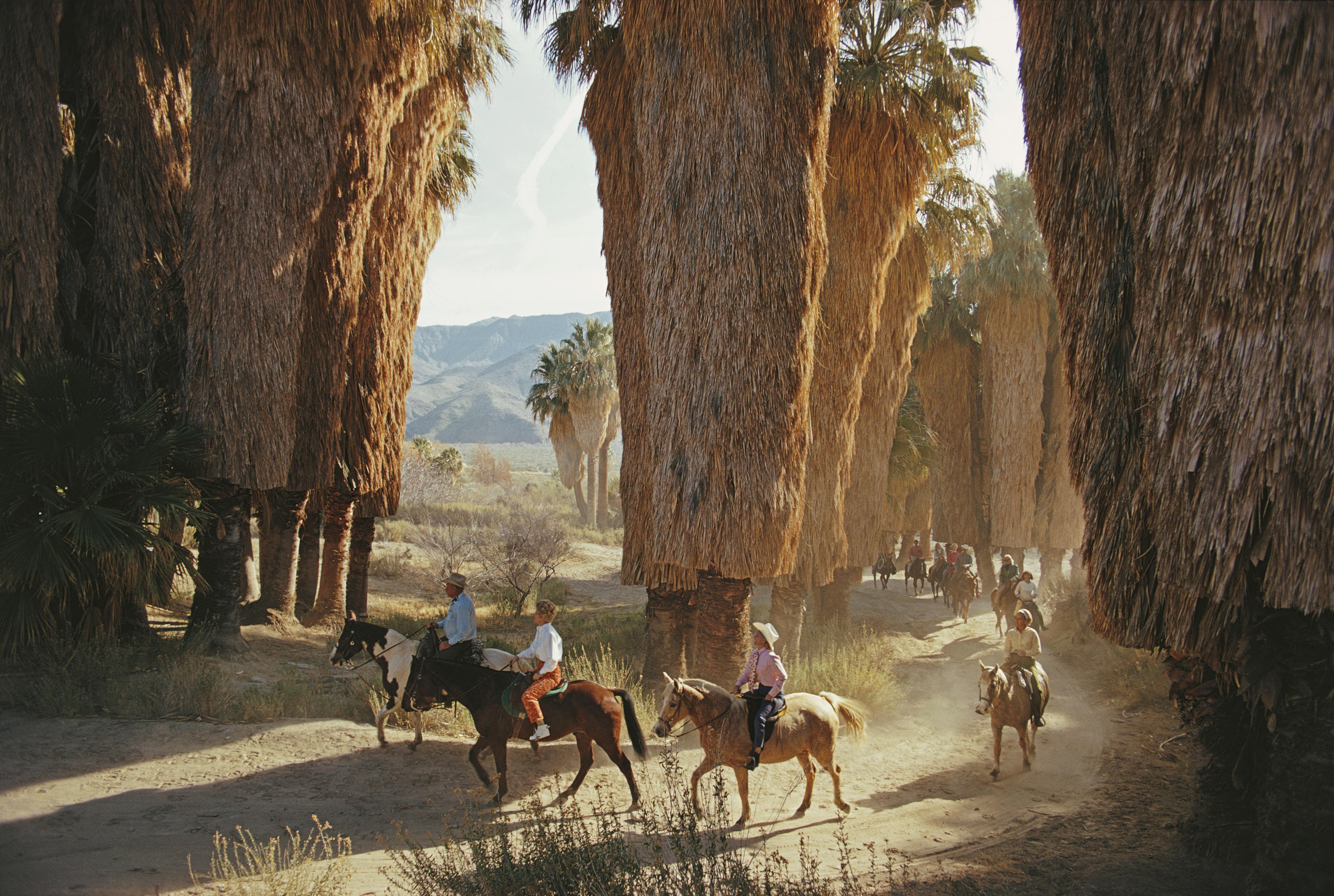 'Early Riders' 1970 Slim Aarons Limited Estate Edition Print 

Former mayor Frank Bogert leads an early-morning ride through Andreas Canyon in Palm Springs, southern California, January 1970. 

Produced from the original transparency
Certificate of