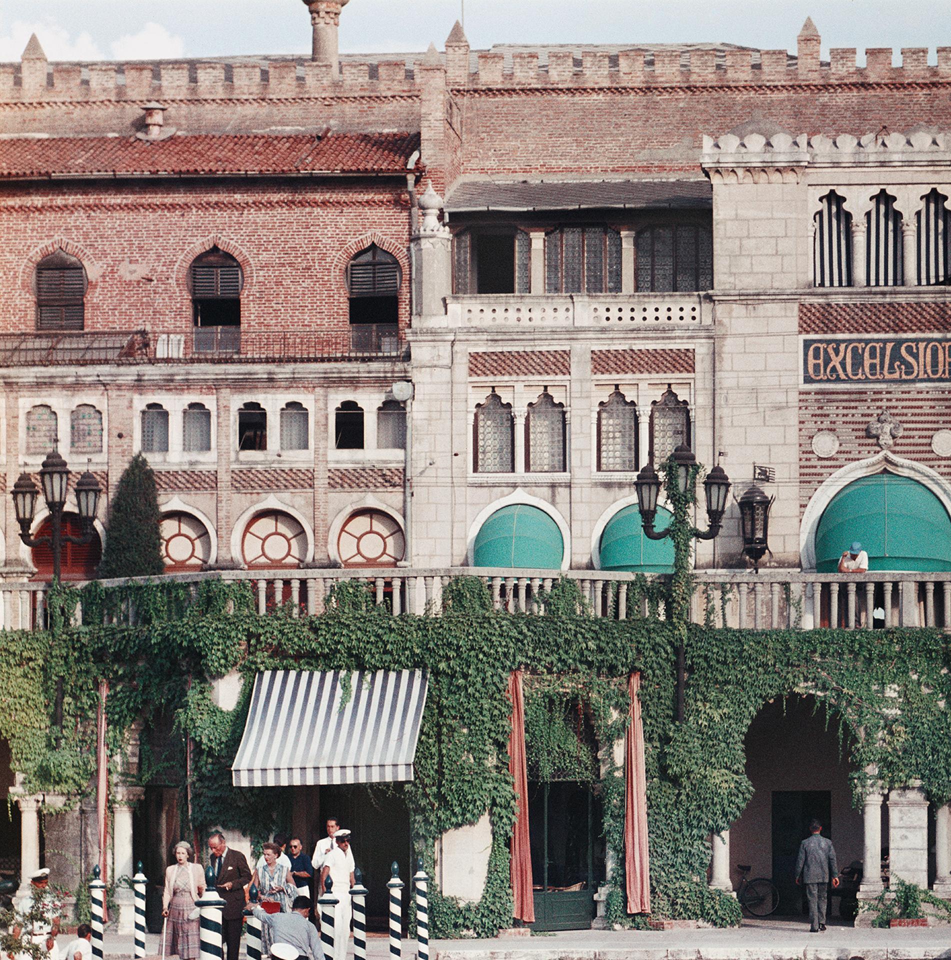 Grand Hotel Excelsior, Venice, Estate Edition, Gondolas on the Canal at Westin - Gray Color Photograph by Slim Aarons