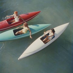 Lake Tahoe Trip, Estate Edition Photograph, Red, Green, White Canoes Zephyr Cove