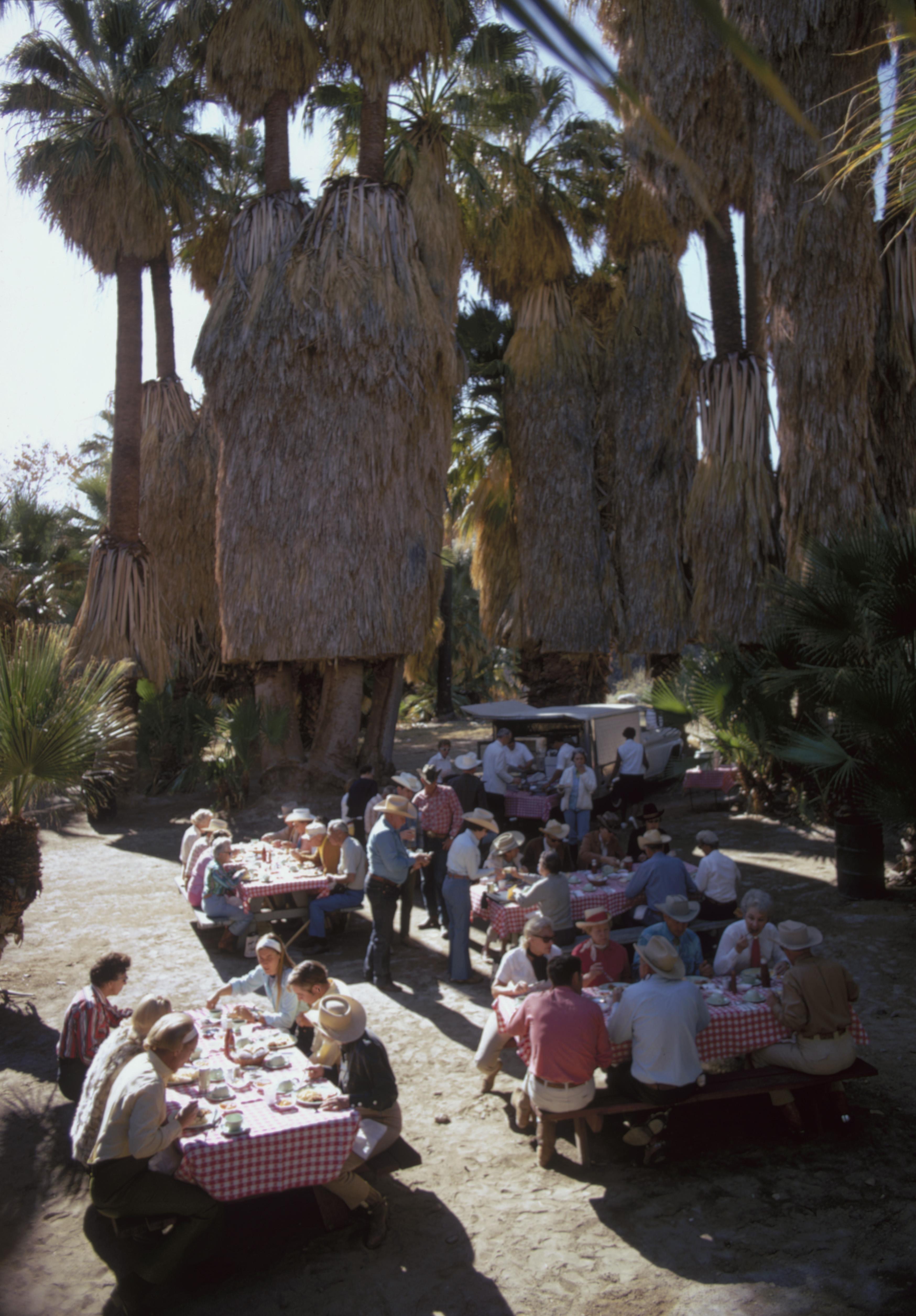 'Lunch Al Fresco' 1970 Slim Aarons Limited Estate Edition Print 

A group of horse riders stop for lunch among Washingtonia palms in Andreas Canyon, Palm Springs, southern California, January 1970.

Produced from the original